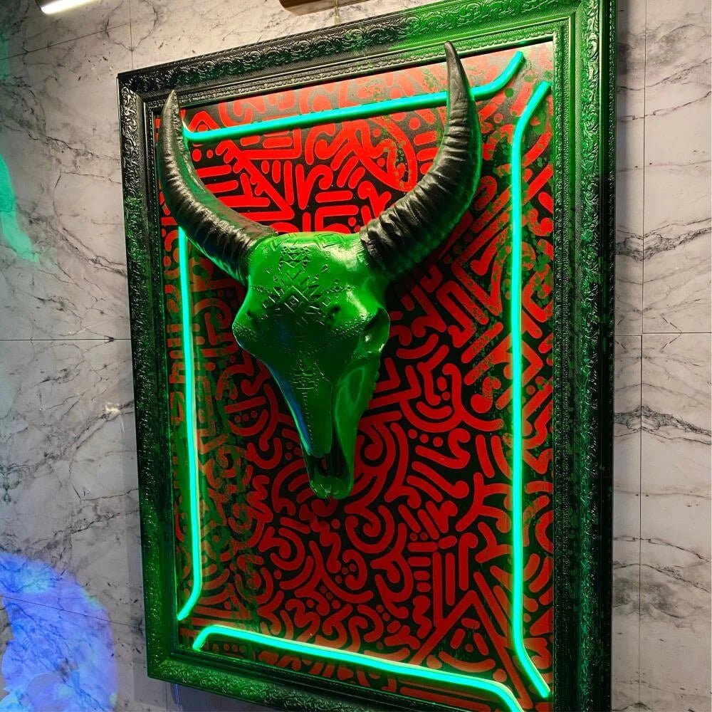 GREEN BULL SKELETON PAINTING ART - Maytrix