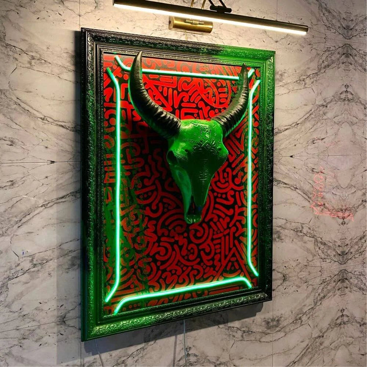 GREEN BULL SKELETON PAINTING ART - Maytrix