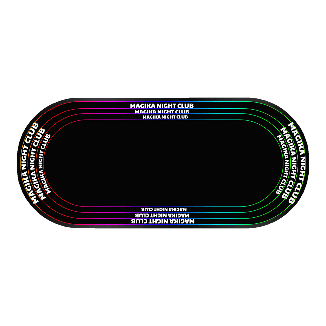 An oval running track with "MAGIKA NIGHT CLUB" in rainbow LEDs, styled as a Design Your Custom Infinity Mirror.