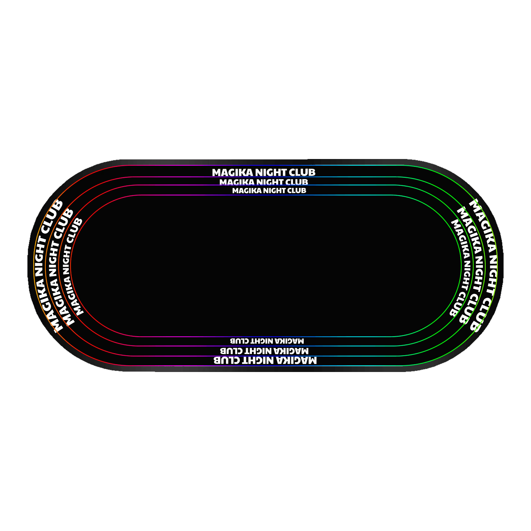 An oval running track with "MAGIKA NIGHT CLUB" in rainbow LEDs, styled as a Design Your Custom Infinity Mirror.