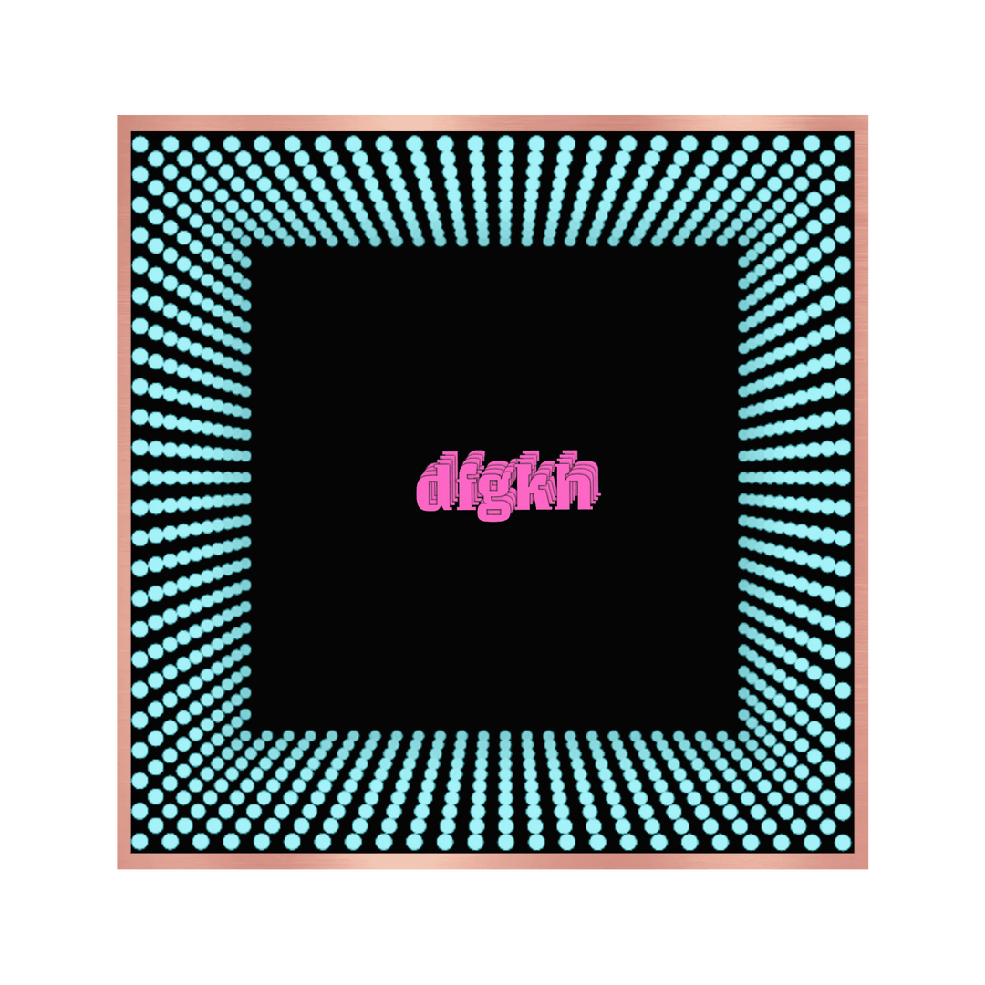 Square frame with blue dots forming a tunnel effect toward "Design Your Custom Infinity Mirror" on black background.