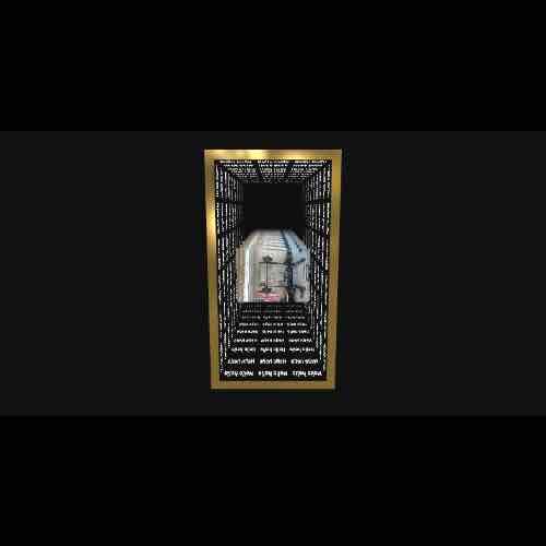 A gold-framed portal reveals a hallway, like the Design Your Custom Infinity Mirror Sign in a grid-patterned tunnel.