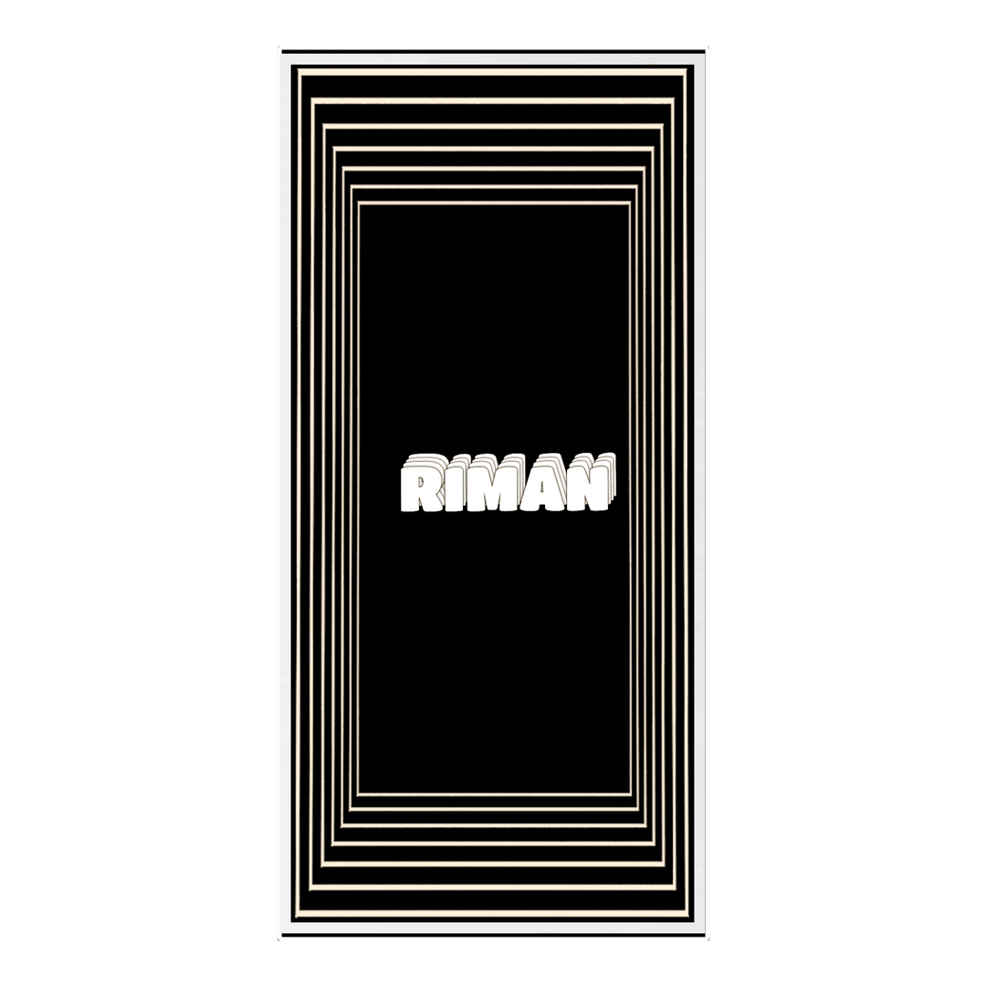 Design Your Custom Infinity Mirror: Bold white "RIMAN" is centered on black with cream borders, like an infinity mirror.