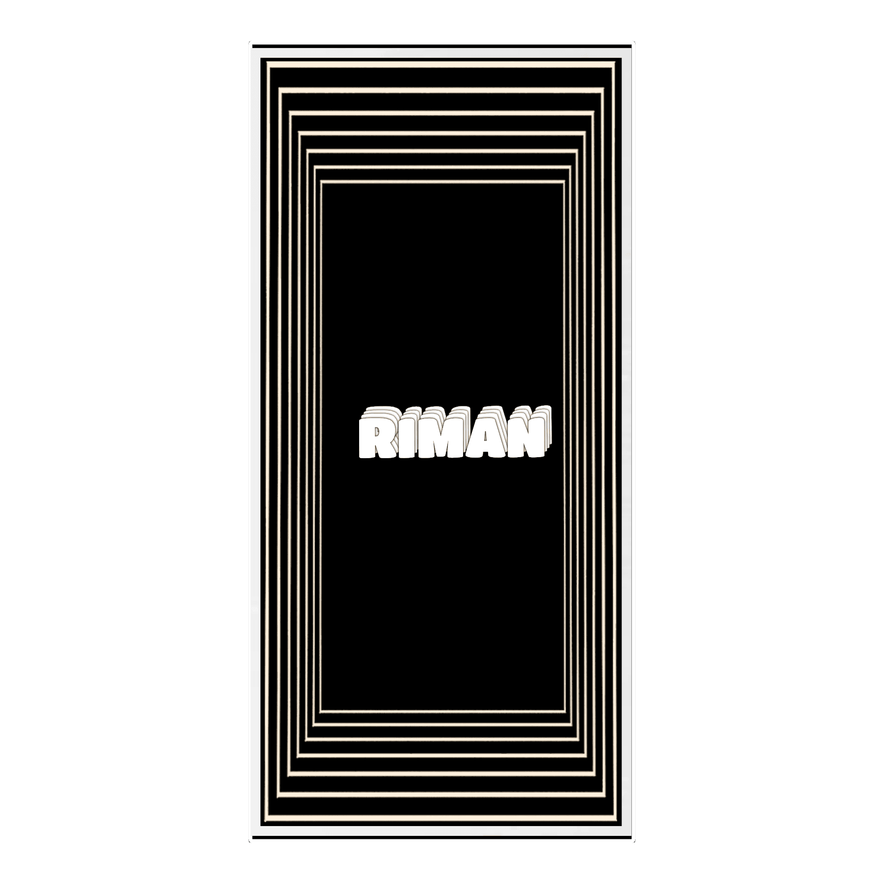 Design Your Custom Infinity Mirror: Bold white "RIMAN" is centered on black with cream borders, like an infinity mirror.