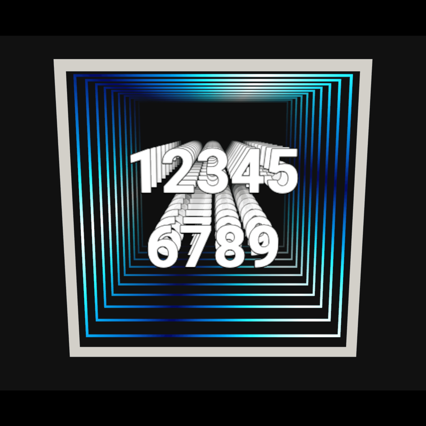 White 3D numbers 1–9 float above blue and black squares in the Design Your Custom Infinity Mirror In 3D.