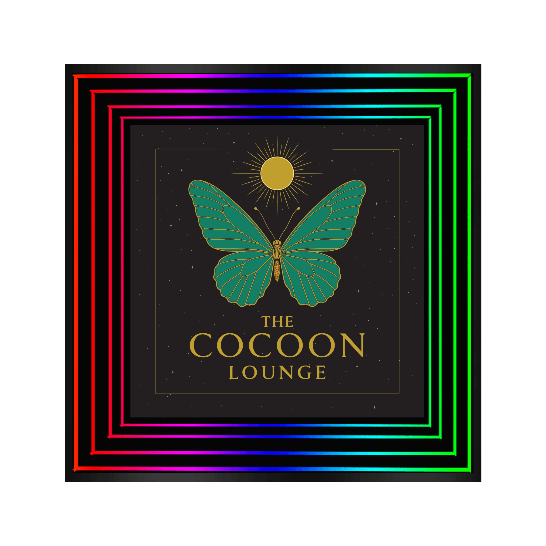 Design Your Custom Infinity Mirror featuring a green butterfly, gold sun, and The Cocoon Lounge text with RGB lighting.