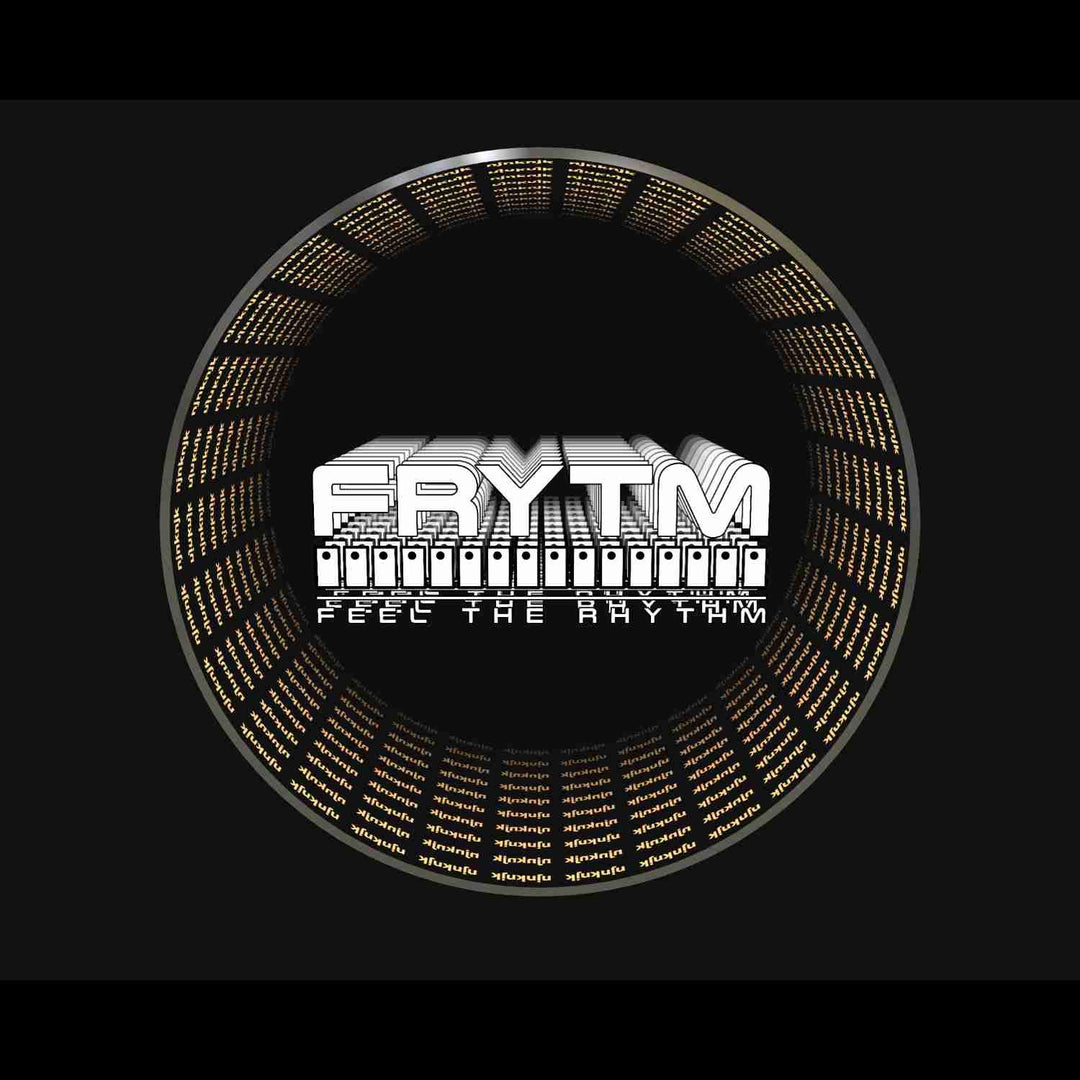 A circular YOUR LOGO, IN INFINITY mirror with "FRYTM" and "FEEL THE RHYTHM," encircled by lines of code.
