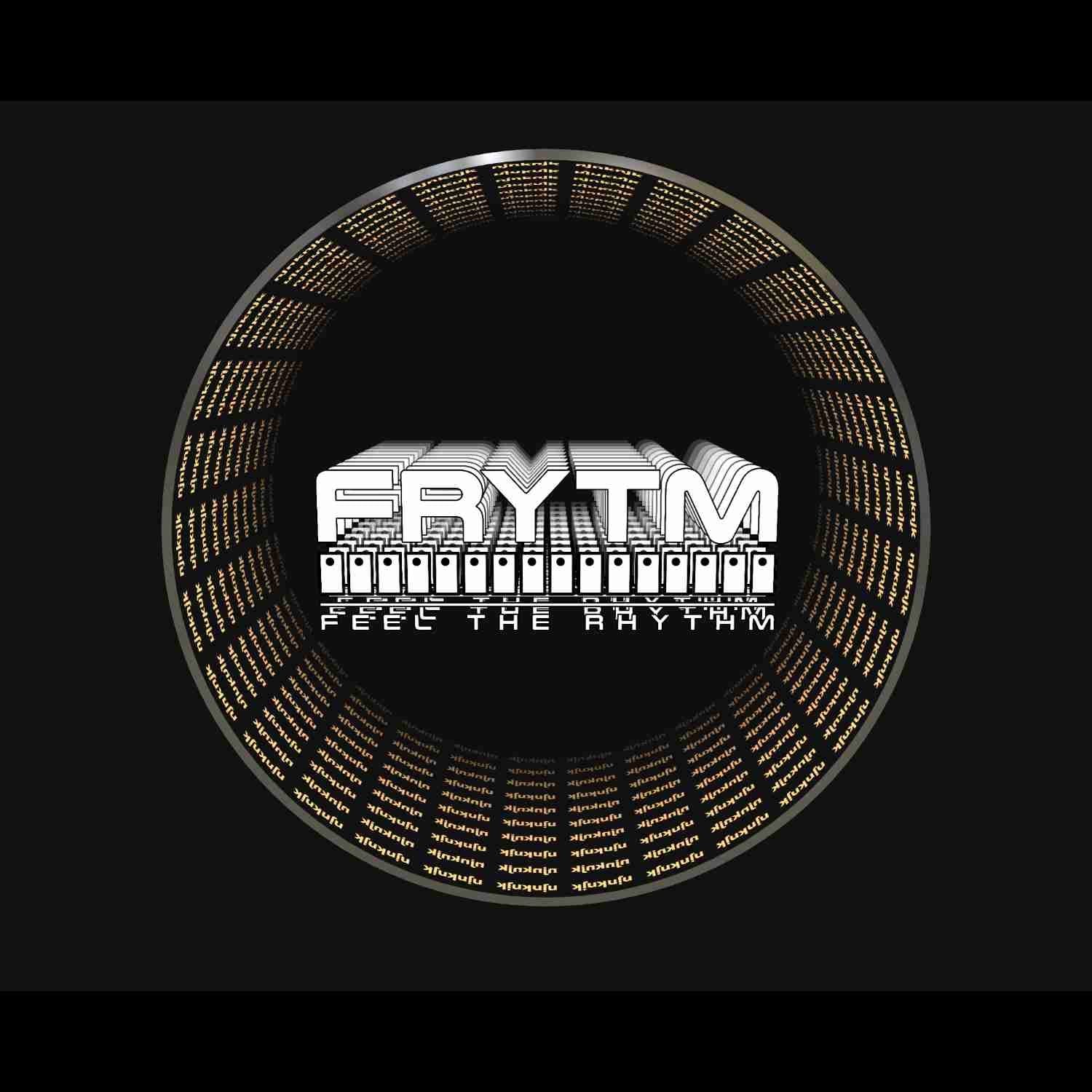 A circular YOUR LOGO, IN INFINITY mirror with "FRYTM" and "FEEL THE RHYTHM," encircled by lines of code.