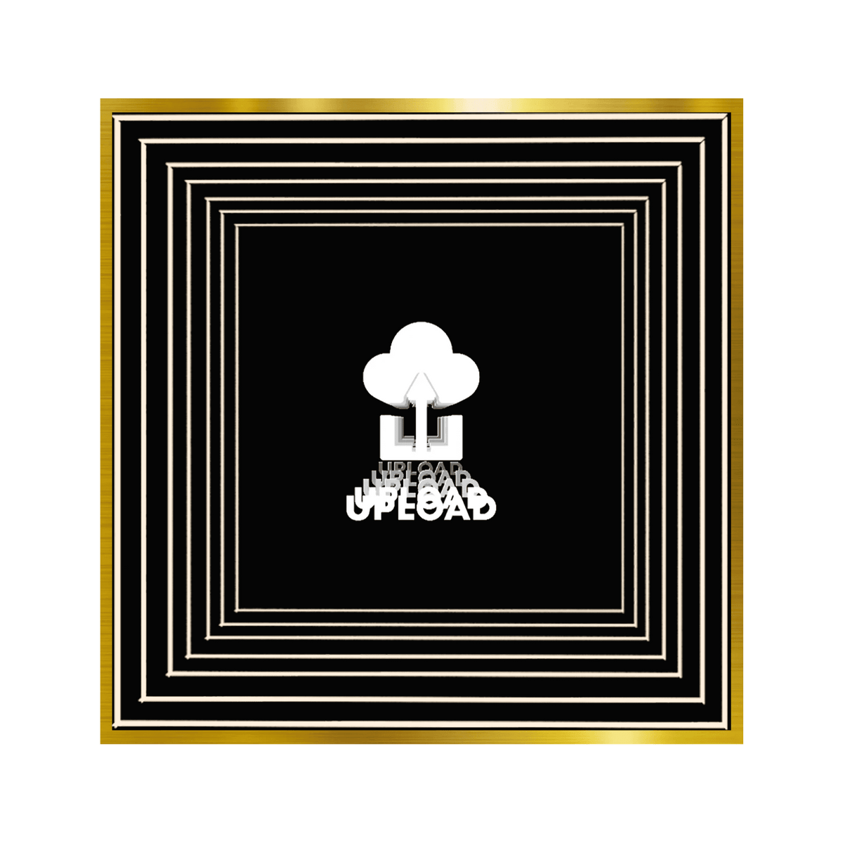 Design Your Custom Infinity Mirror: A gold-bordered black square with white frames and a central cloud upload icon.
