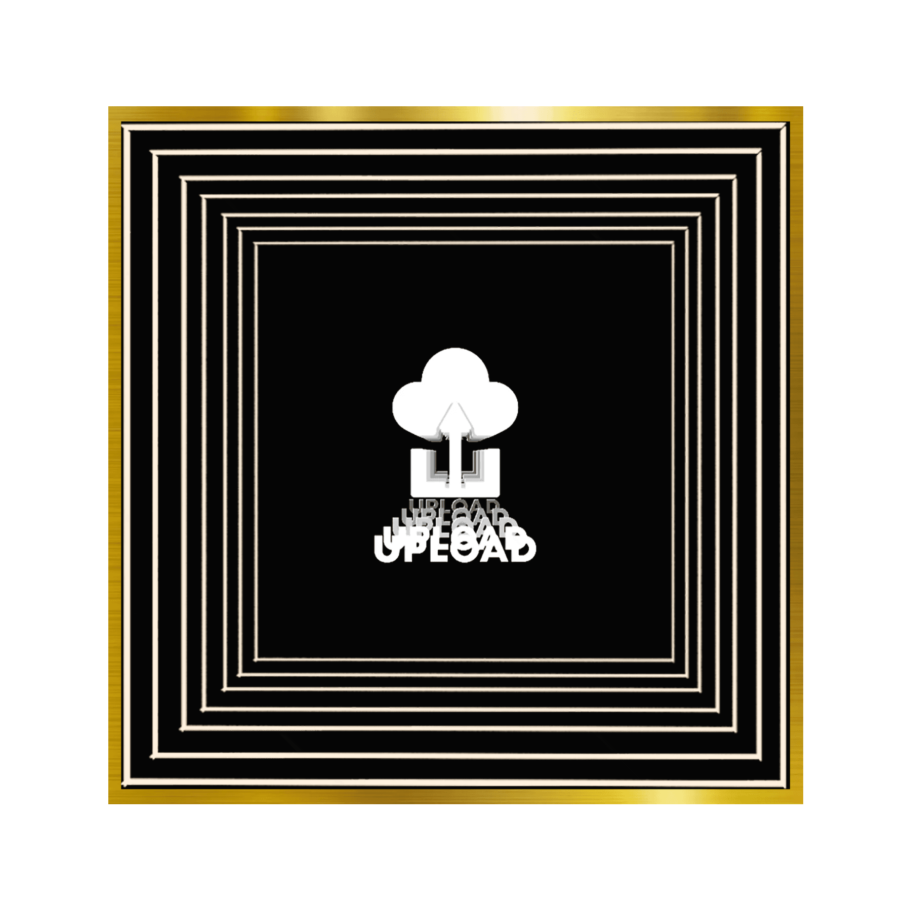A white upload cloud icon on black with gold and white borders for Design Your Custom Infinity Mirror.
