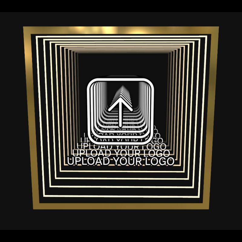 Square gold frames with an upload icon and "UPLOAD YOUR LOGO" for the Design Your Custom Infinity Mirror In 3D product.