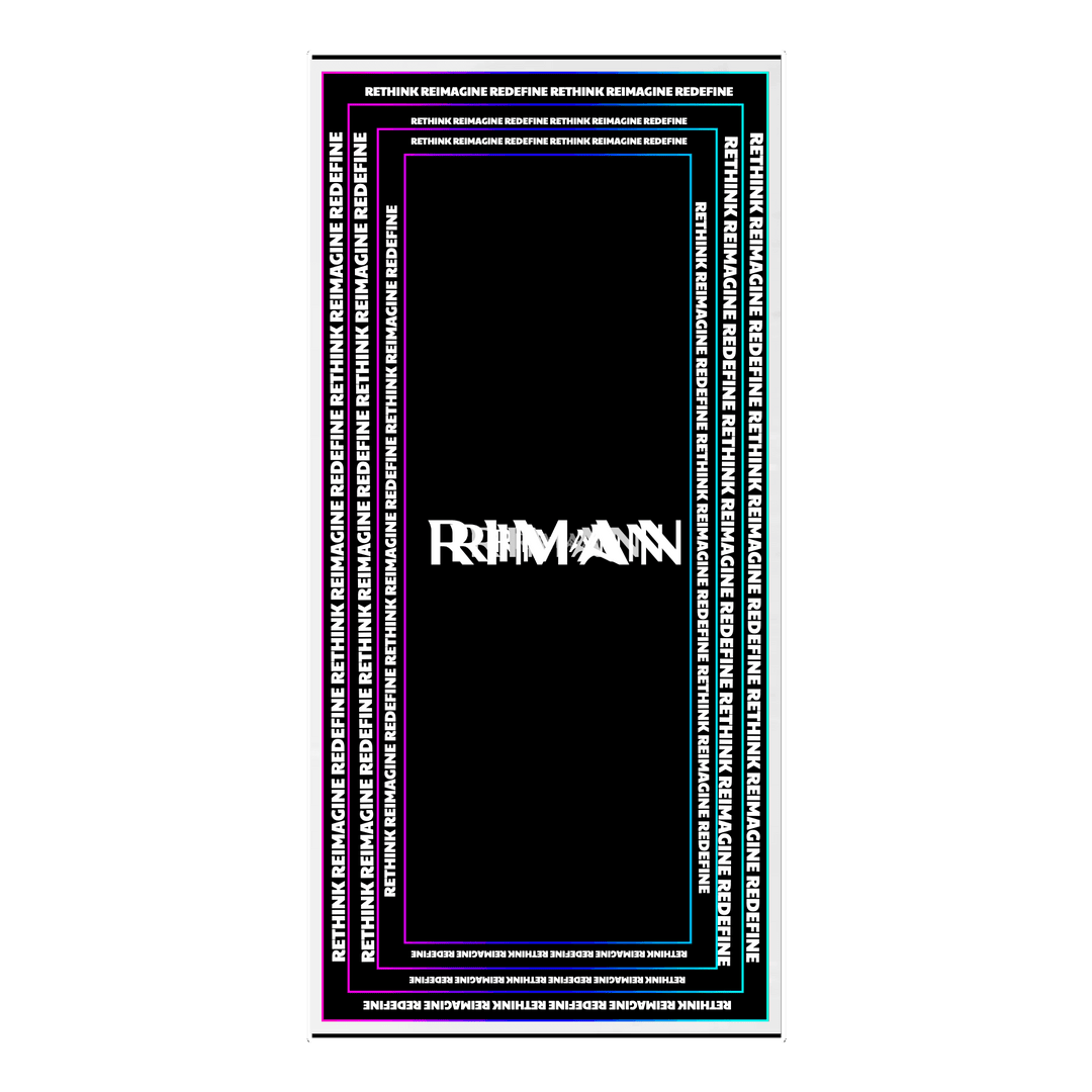 Black rectangle with "REIMAGINE" in white, bordered by colorful Design Your Custom Infinity Mirror-inspired text effects.