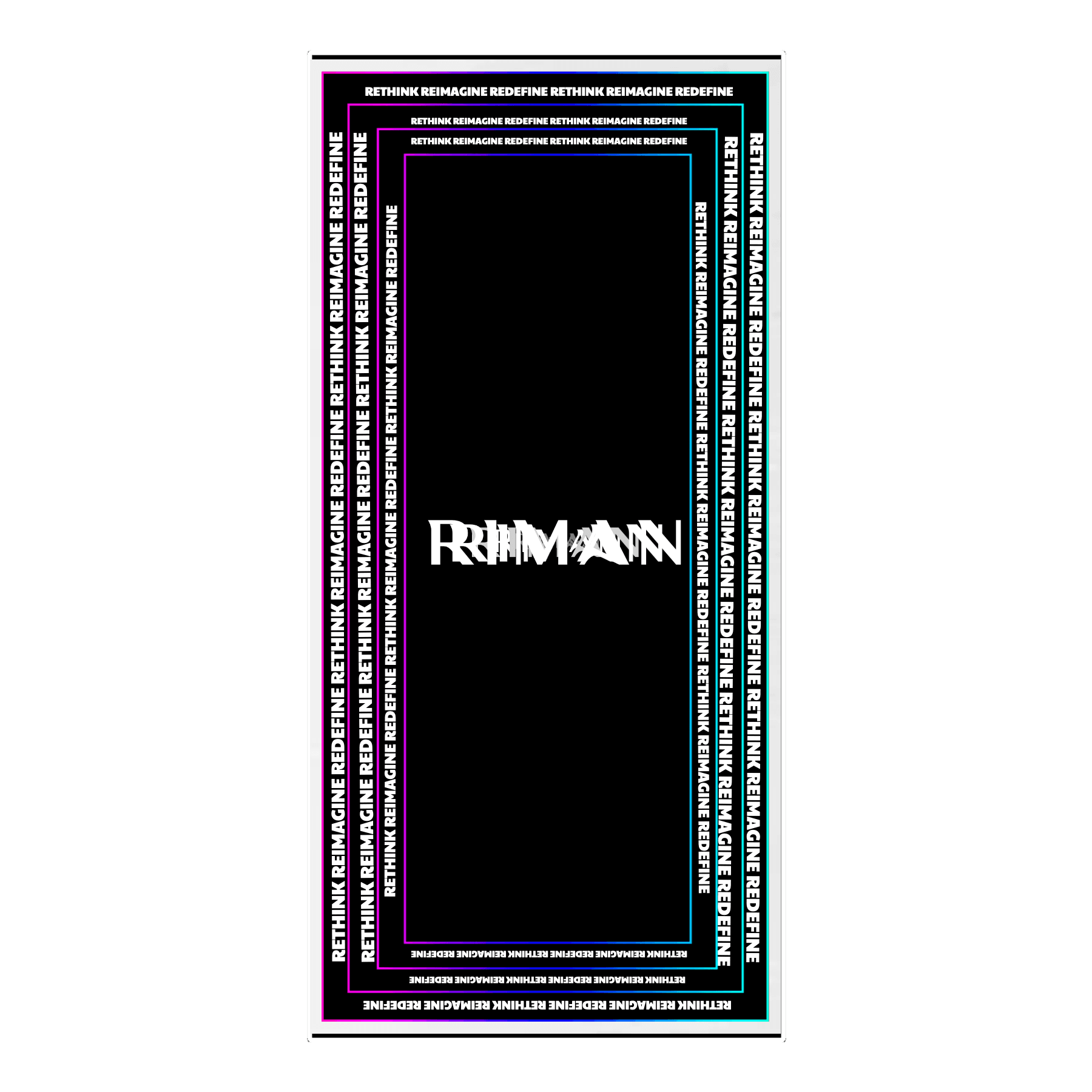 Black rectangle with "REIMAGINE" in white, bordered by colorful Design Your Custom Infinity Mirror-inspired text effects.