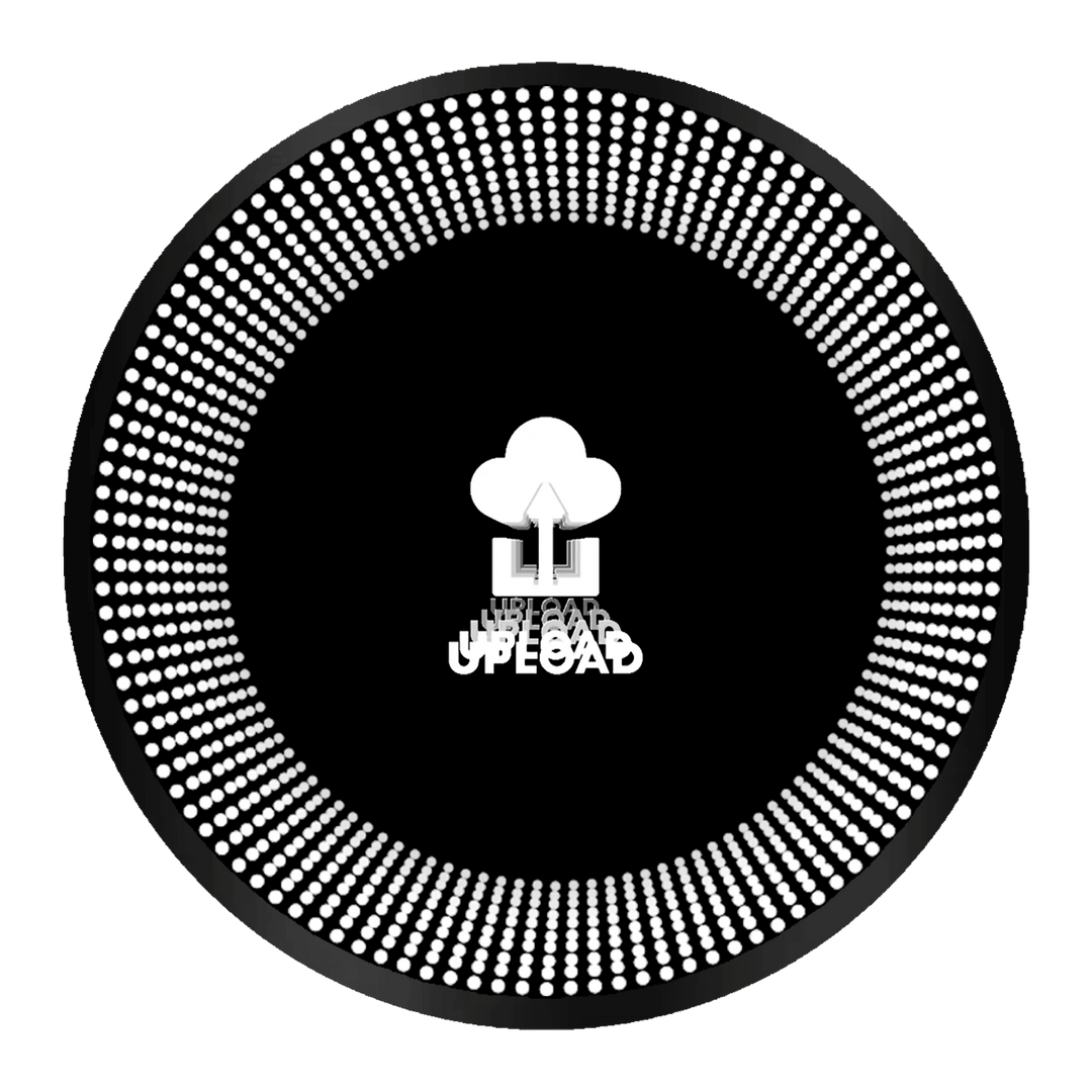 A circular black icon for Design Your Custom Infinity Mirror with a dotted border and white cloud at the center.