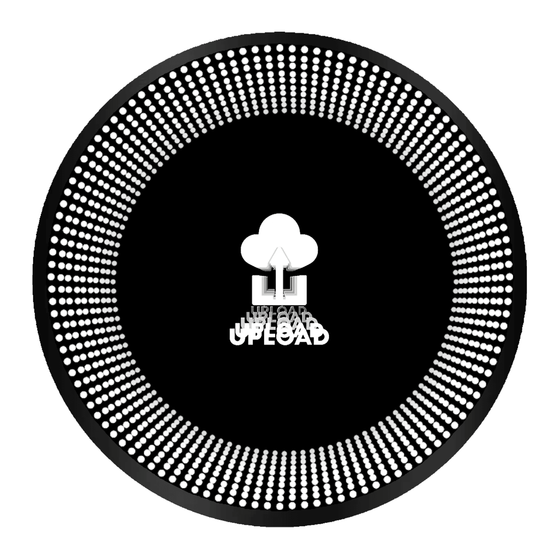 A circular black icon for Design Your Custom Infinity Mirror with a dotted border and white cloud at the center.
