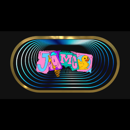 Colorful JAMG text with cartoon icons in a neon blue & gold oval for 'Design Your Custom Infinity Mirror In 3D' on black.