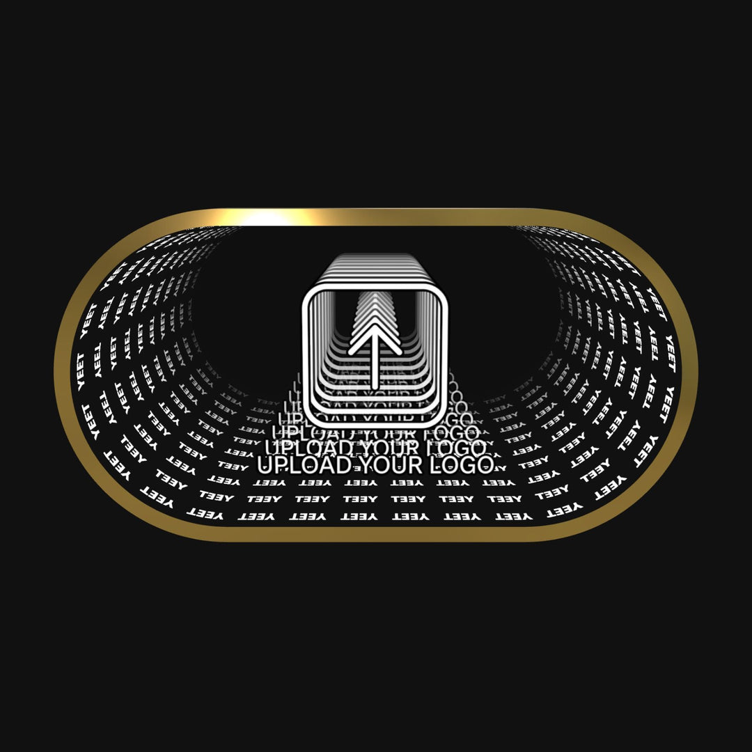 Design Your Custom Infinity Mirror In 3D: gold-rimmed, logo icons, text lighting, black background.