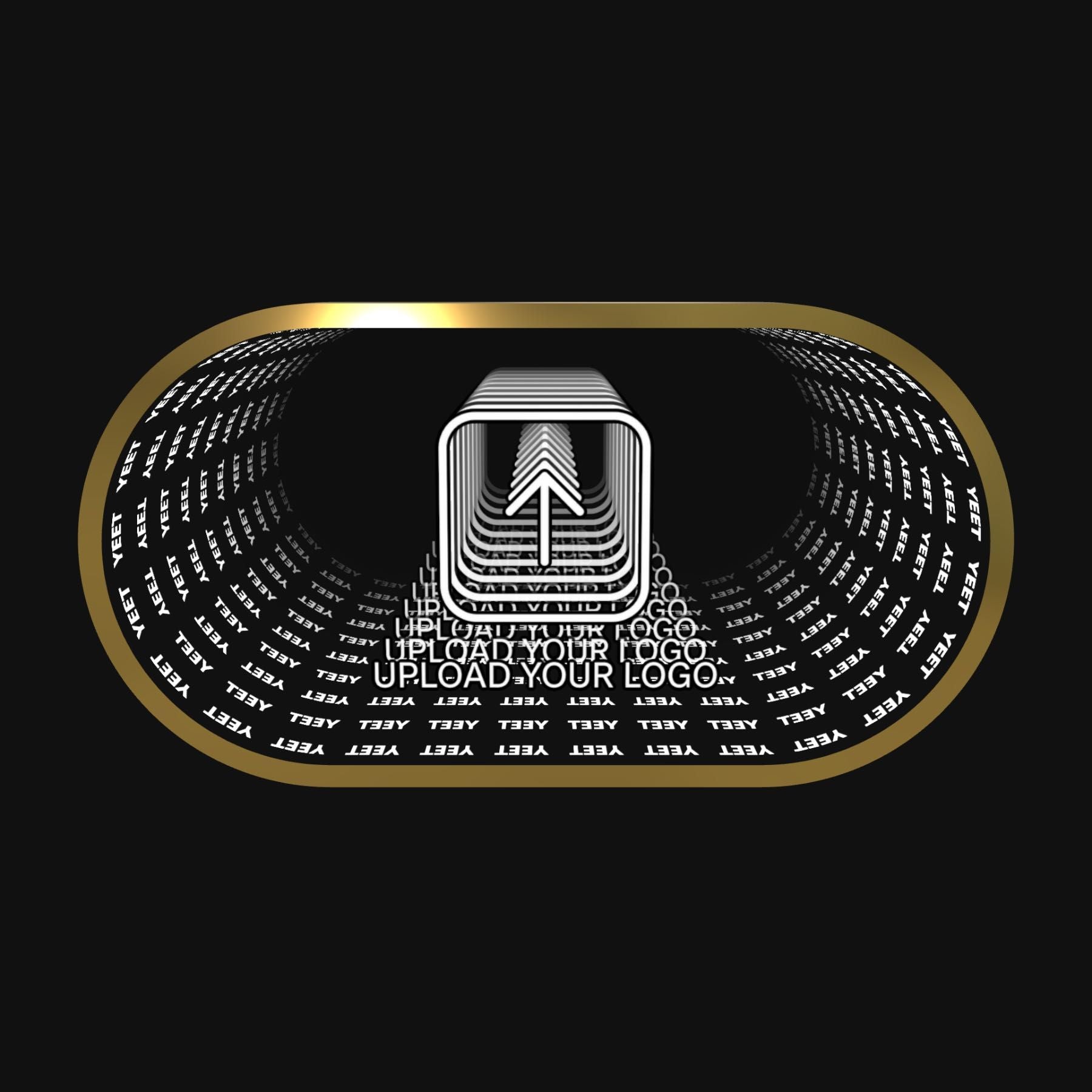 Design Your Custom Infinity Mirror In 3D: gold-rimmed, logo icons, text lighting, black background.