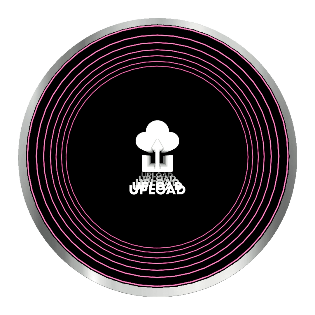 Design Your Custom Infinity Mirror: Circular logo with neon pink rings and a white upload cloud icon.