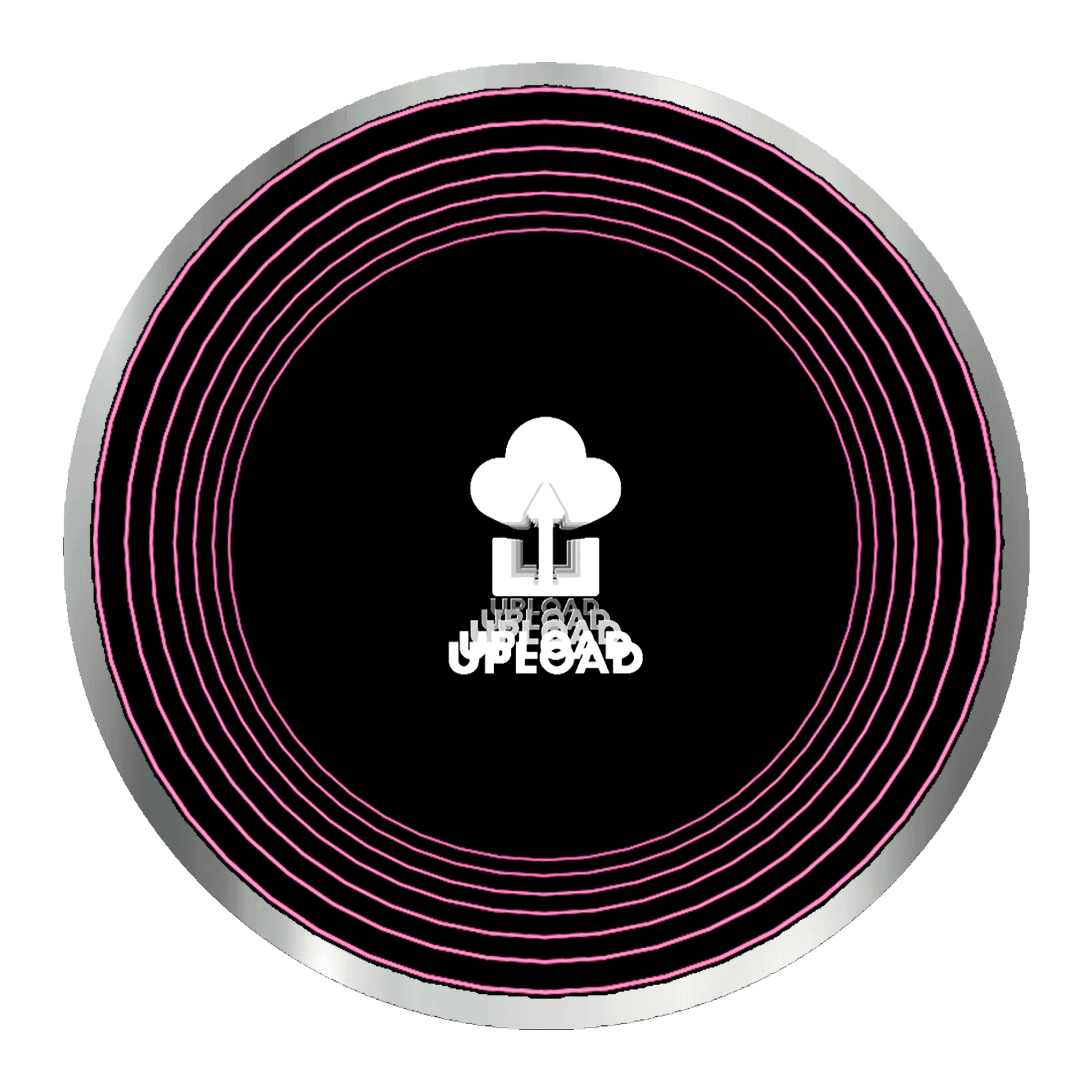 Design Your Custom Infinity Mirror: Circular logo with neon pink rings and a white upload cloud icon.