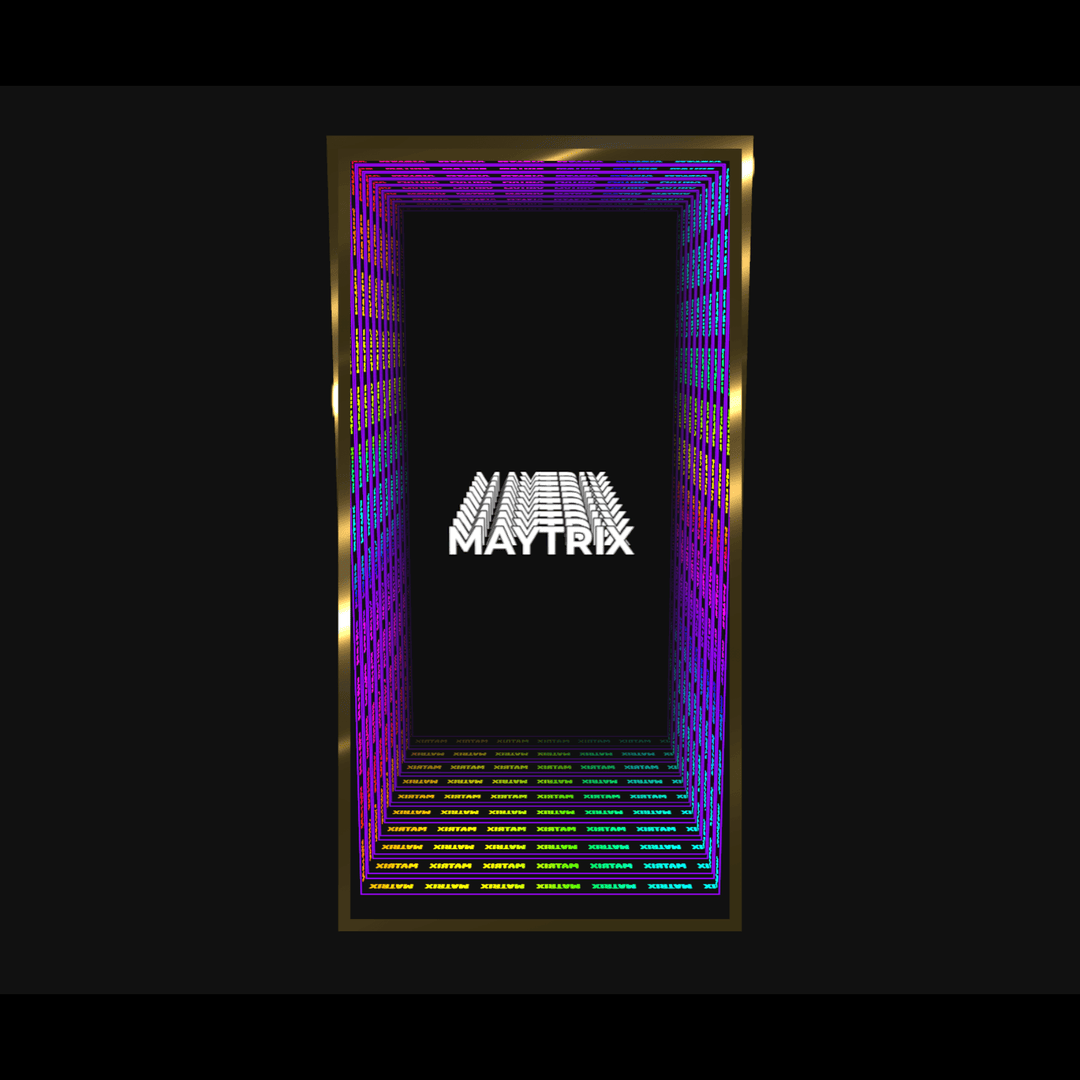 A vibrant tunnel with "Design Your Custom Infinity Mirror" glowing in bold white LEDs on a black background.