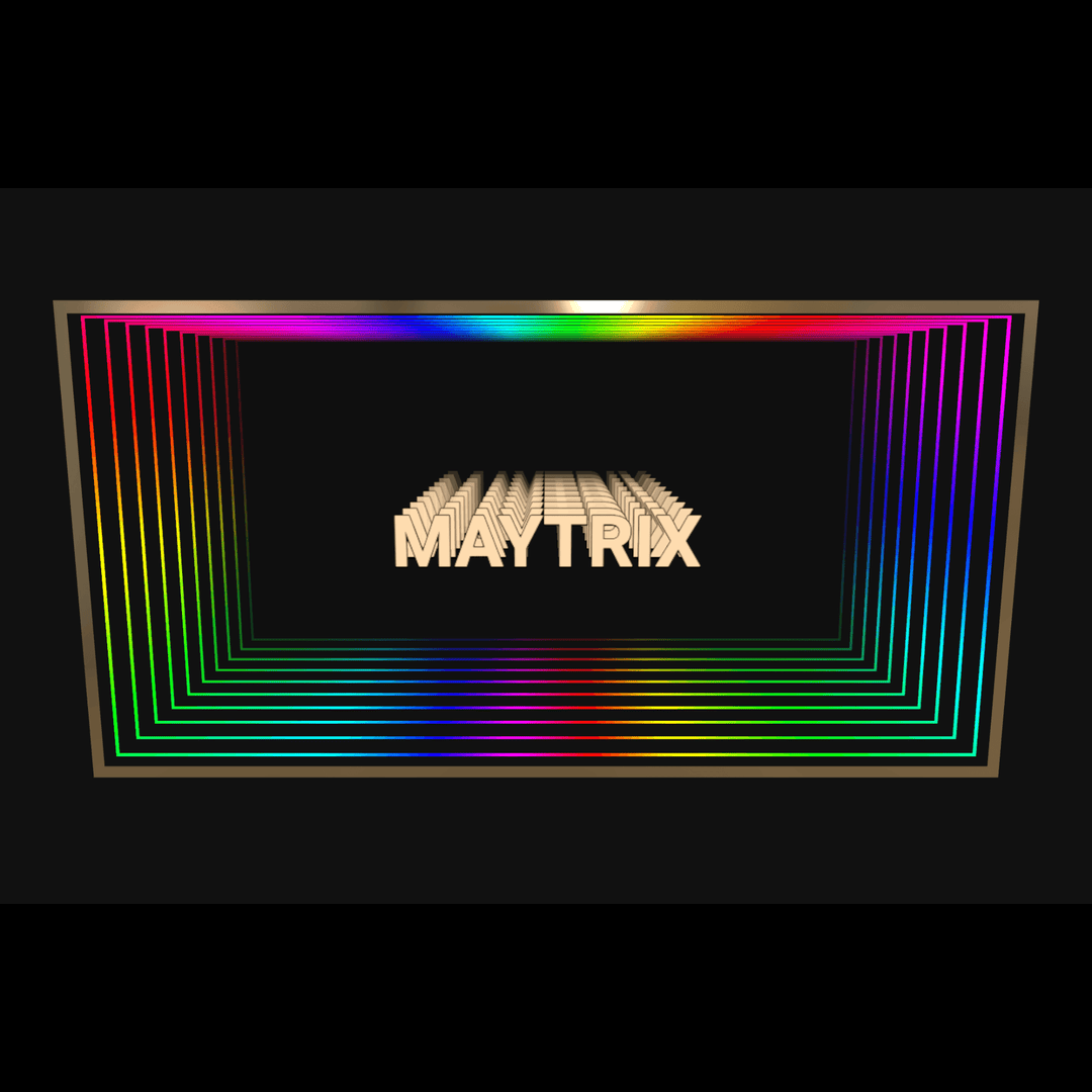 Design Your Custom Infinity Mirror: 3D beige text with RGB lighting and neon frames on a black background.
