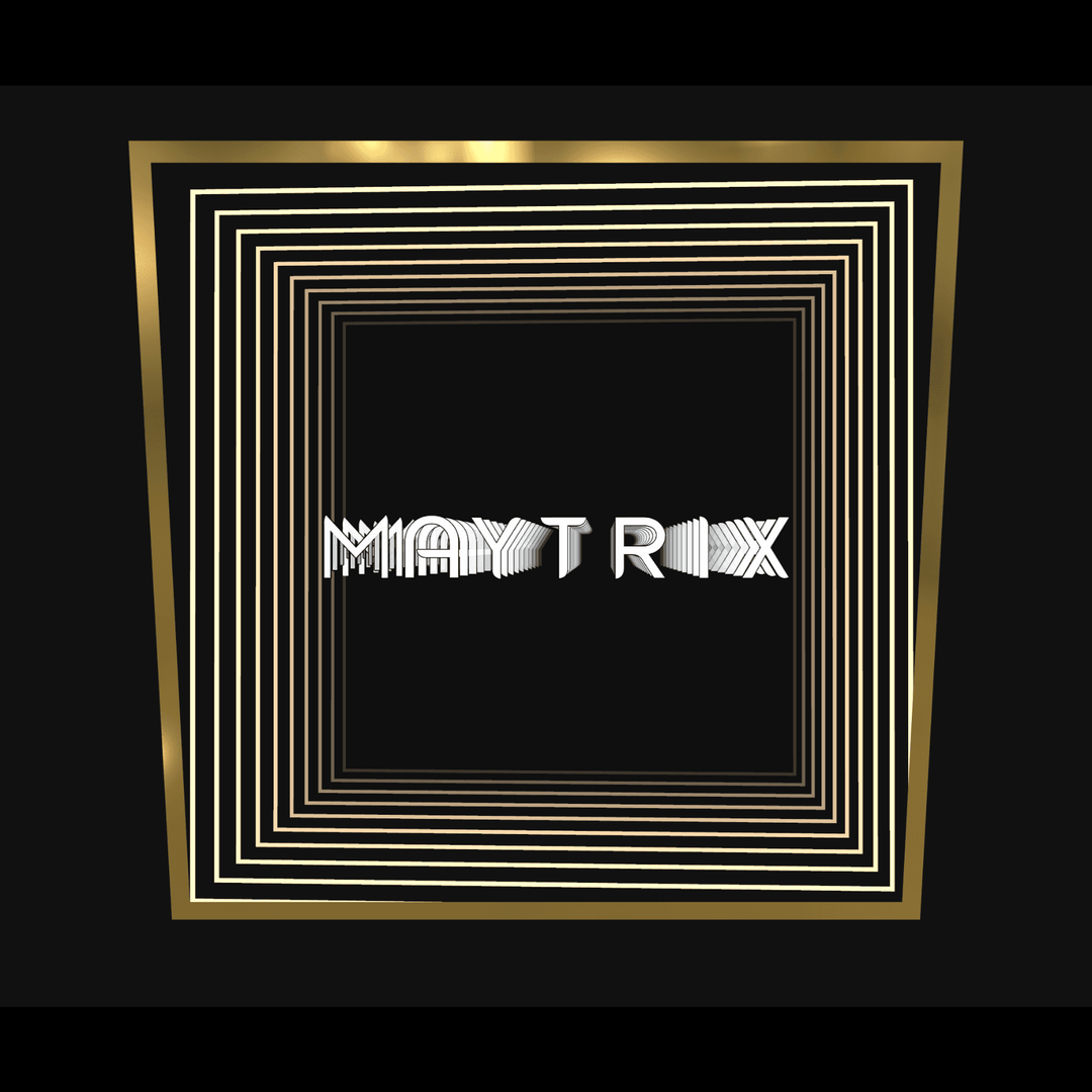 Matrix-style text with MAYTROX, gold squares, and neon art on black in the Design Your Custom Infinity Mirror.