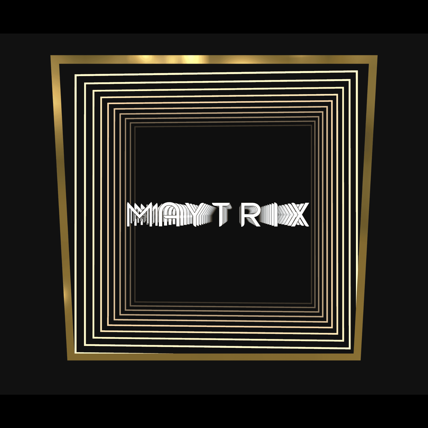 Matrix-style text with MAYTROX, gold squares, and neon art on black in the Design Your Custom Infinity Mirror.