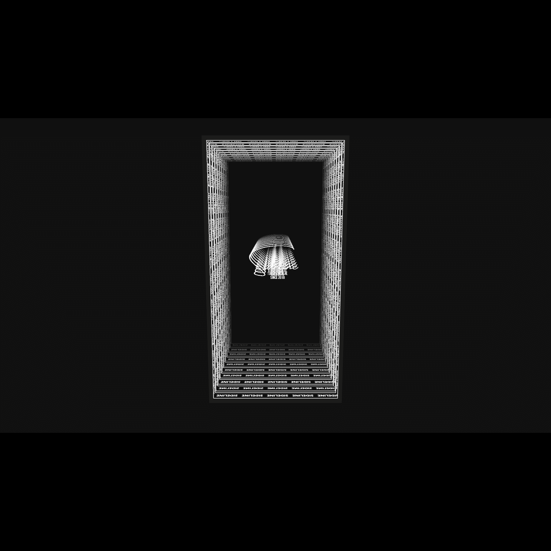Design Your Custom Infinity Mirror: a geometric tunnel with floating layers on a black background.