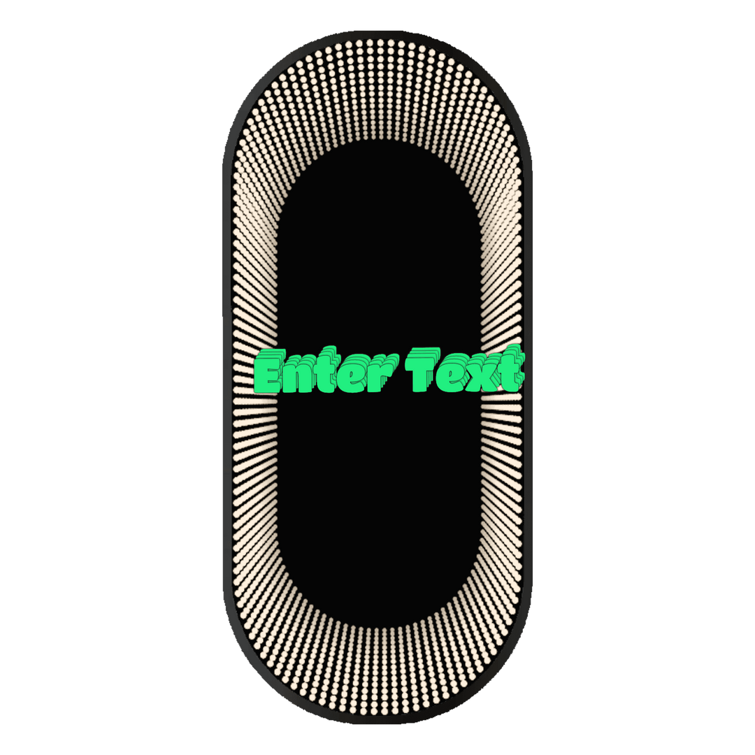 Design Your Custom Infinity Mirror: black oval with dotted border and green "Enter Text" centered.