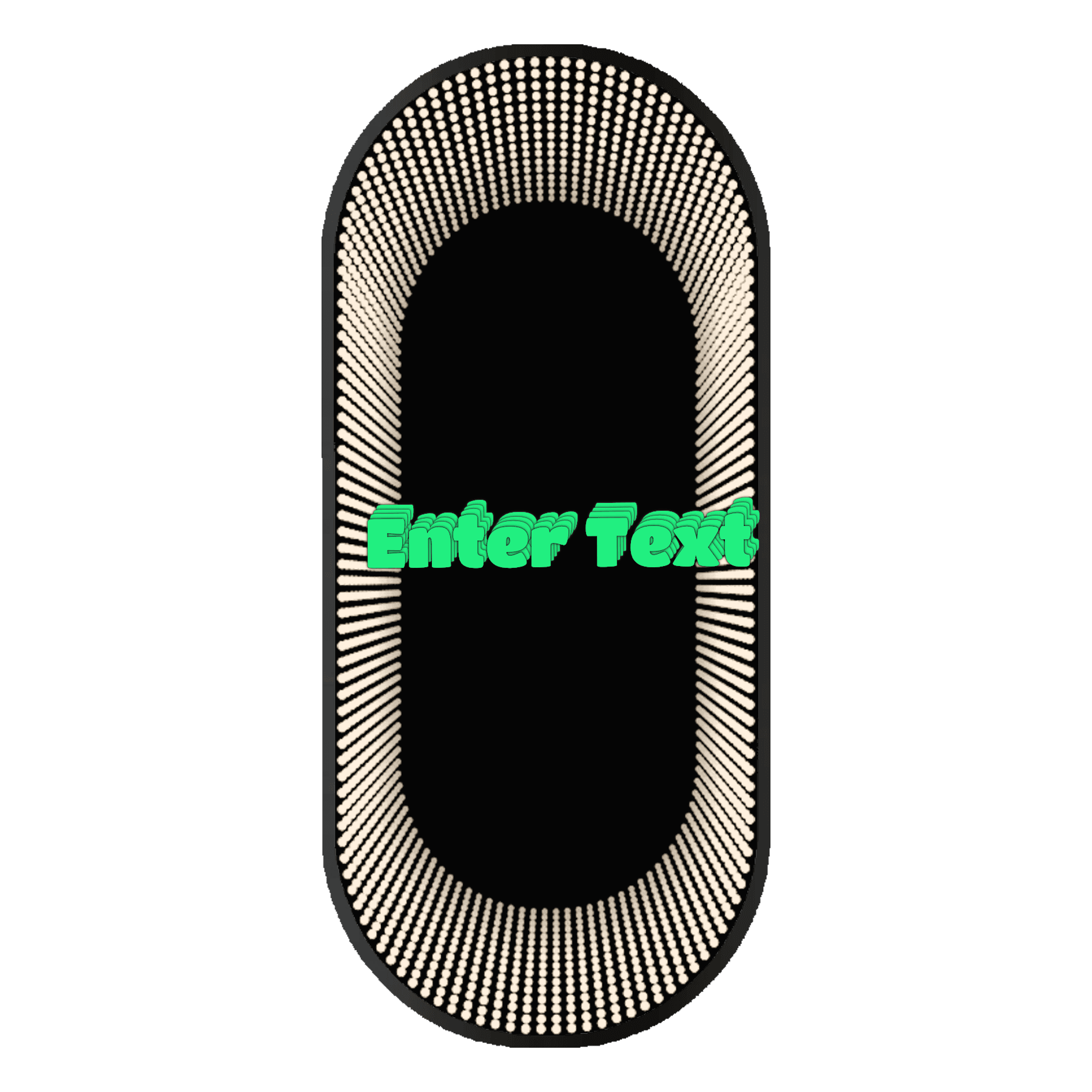 Design Your Custom Infinity Mirror: black oval with dotted border and green "Enter Text" centered.