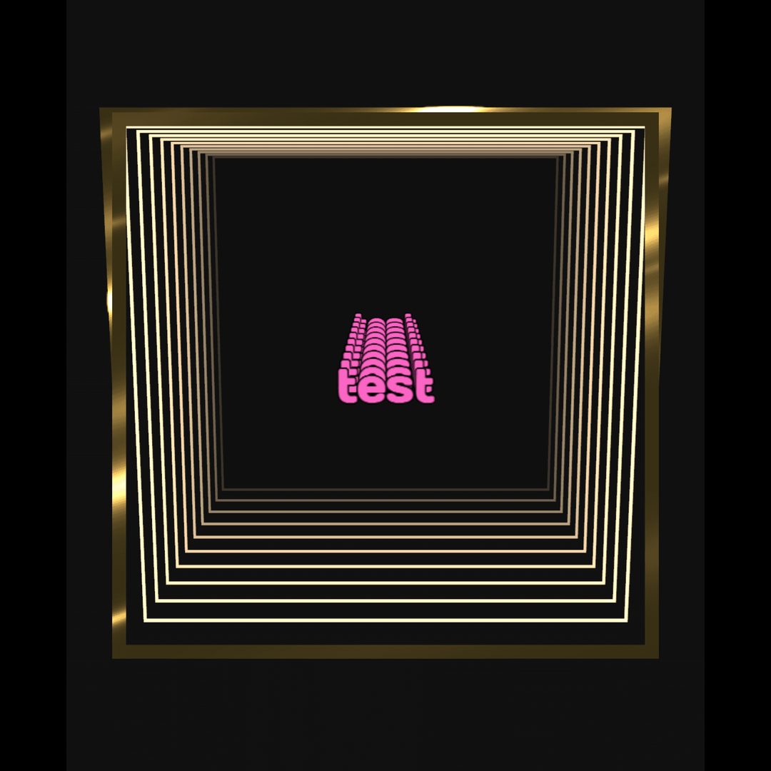 Gold squares frame "test" in pink bubble letters on a black background—Design Your Custom Infinity Mirror.