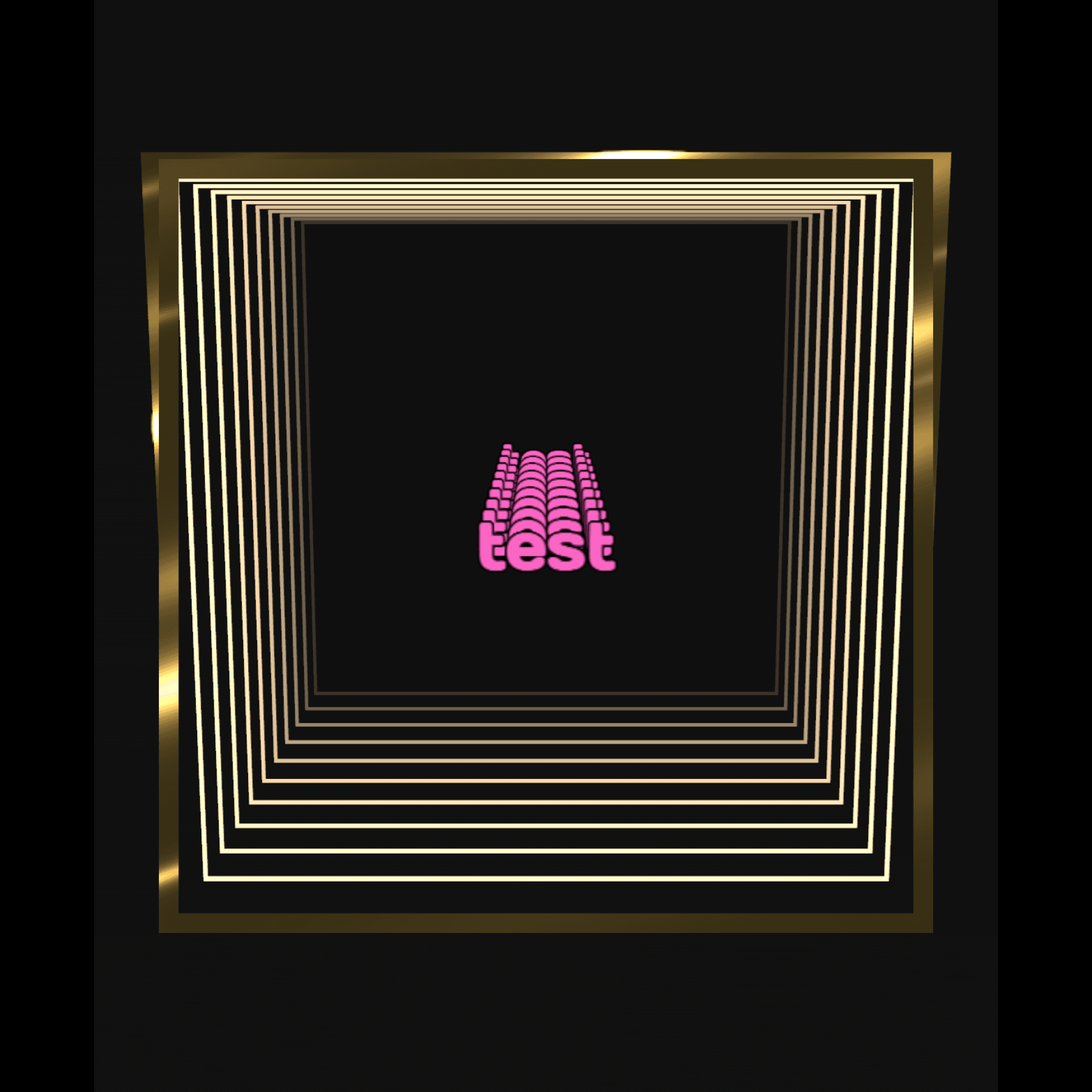 Gold squares frame "test" in pink bubble letters on a black background—Design Your Custom Infinity Mirror.