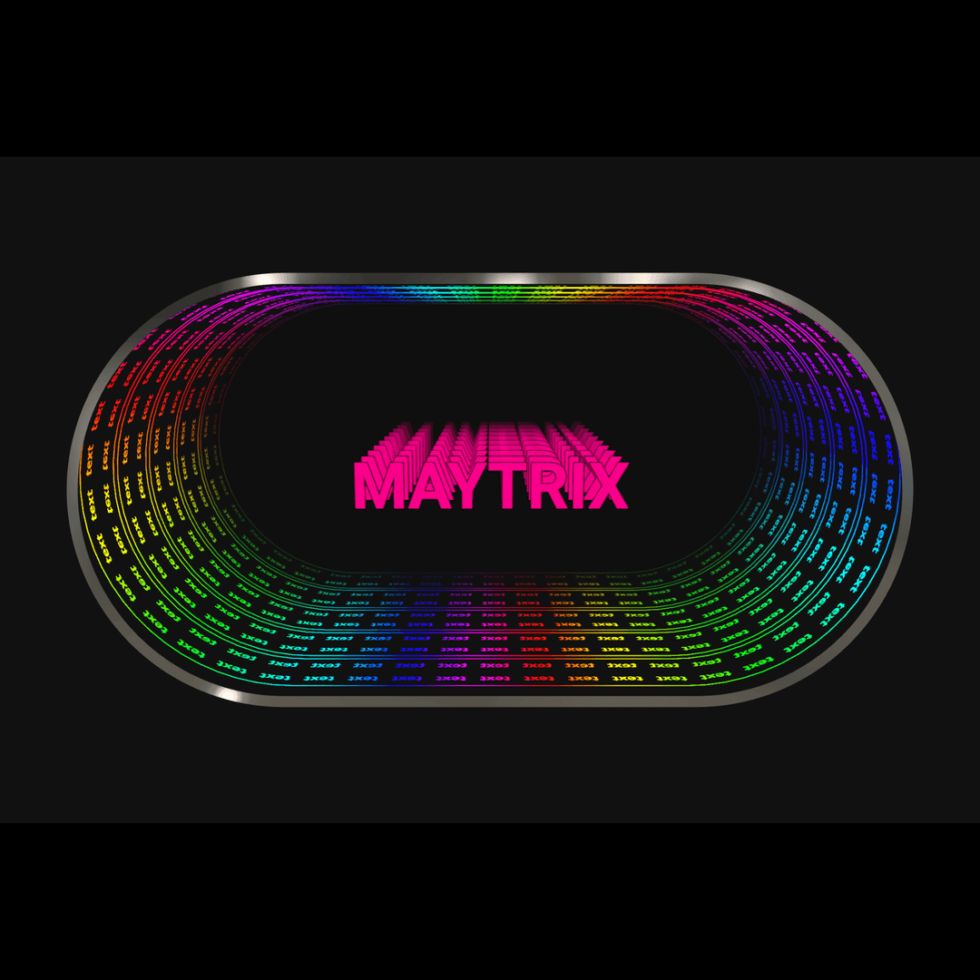 Design Your Custom Infinity Mirror creates a striking effect with neon MAYTRIX text in a colorful RGB LED tunnel.