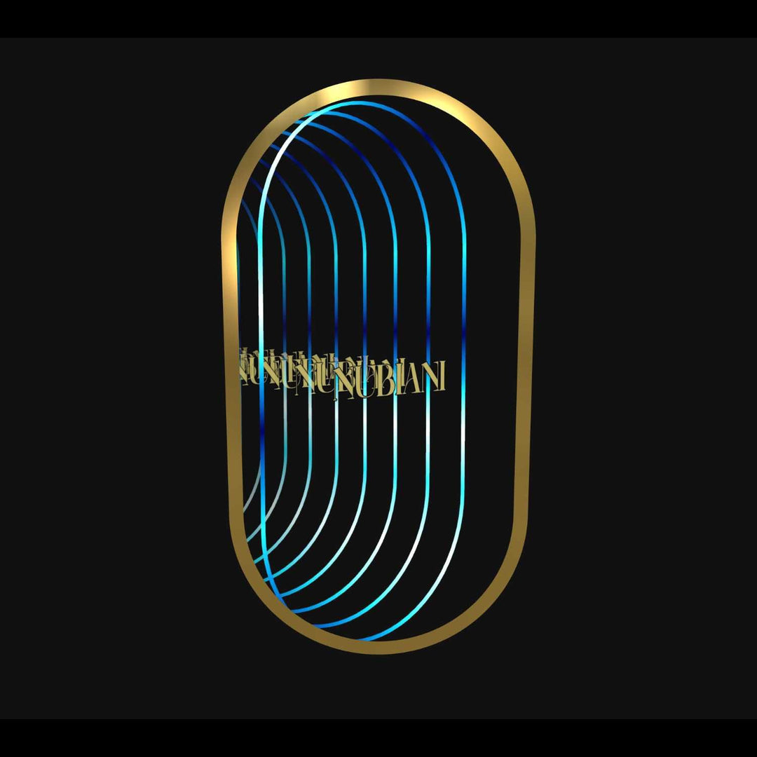 Gold oval frame with RGB neon blue and white, "Design Your Custom Infinity Mirror In 3D" in gold on black mirror.