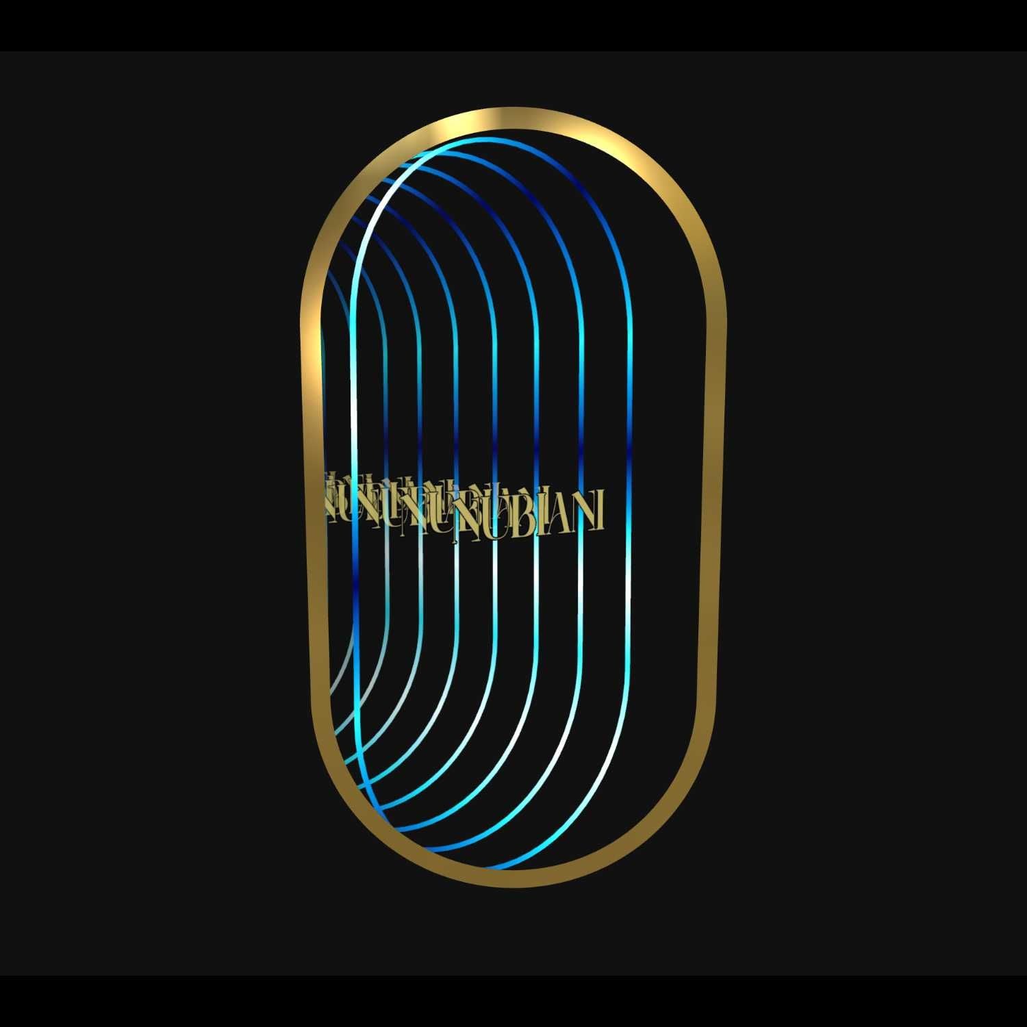 Gold oval frame with RGB neon blue and white, "Design Your Custom Infinity Mirror In 3D" in gold on black mirror.