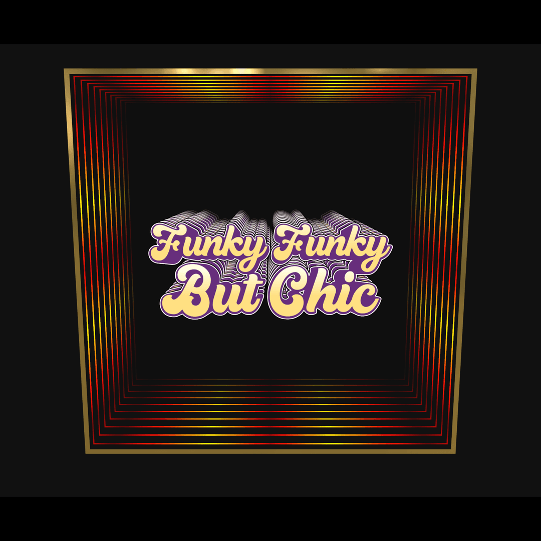 Add funky retro yellow and purple "Funky Funky But Chic" text to your Design Your Custom Infinity Mirror.