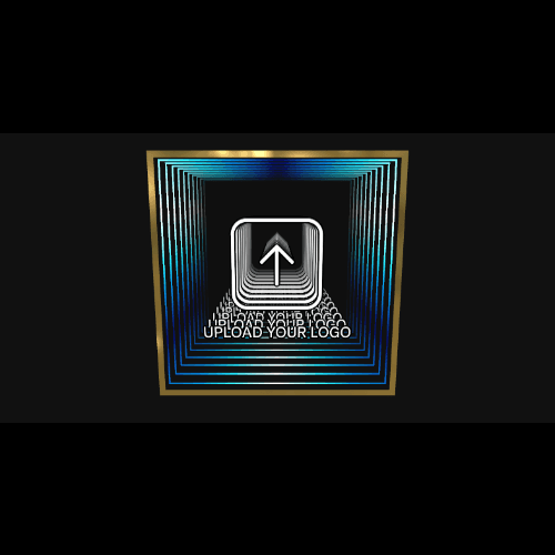Design Your Custom Infinity Mirror: RGB-lit 3D square frame with upload arrow icon and "UPLOAD YOUR LOGO" on black background.