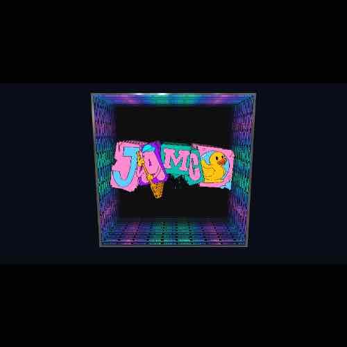 Graffiti text "YOUR LOGO, IN INFINITY" with LED lights, ice cream, and yellow duck in a neon 3D room on dark background.