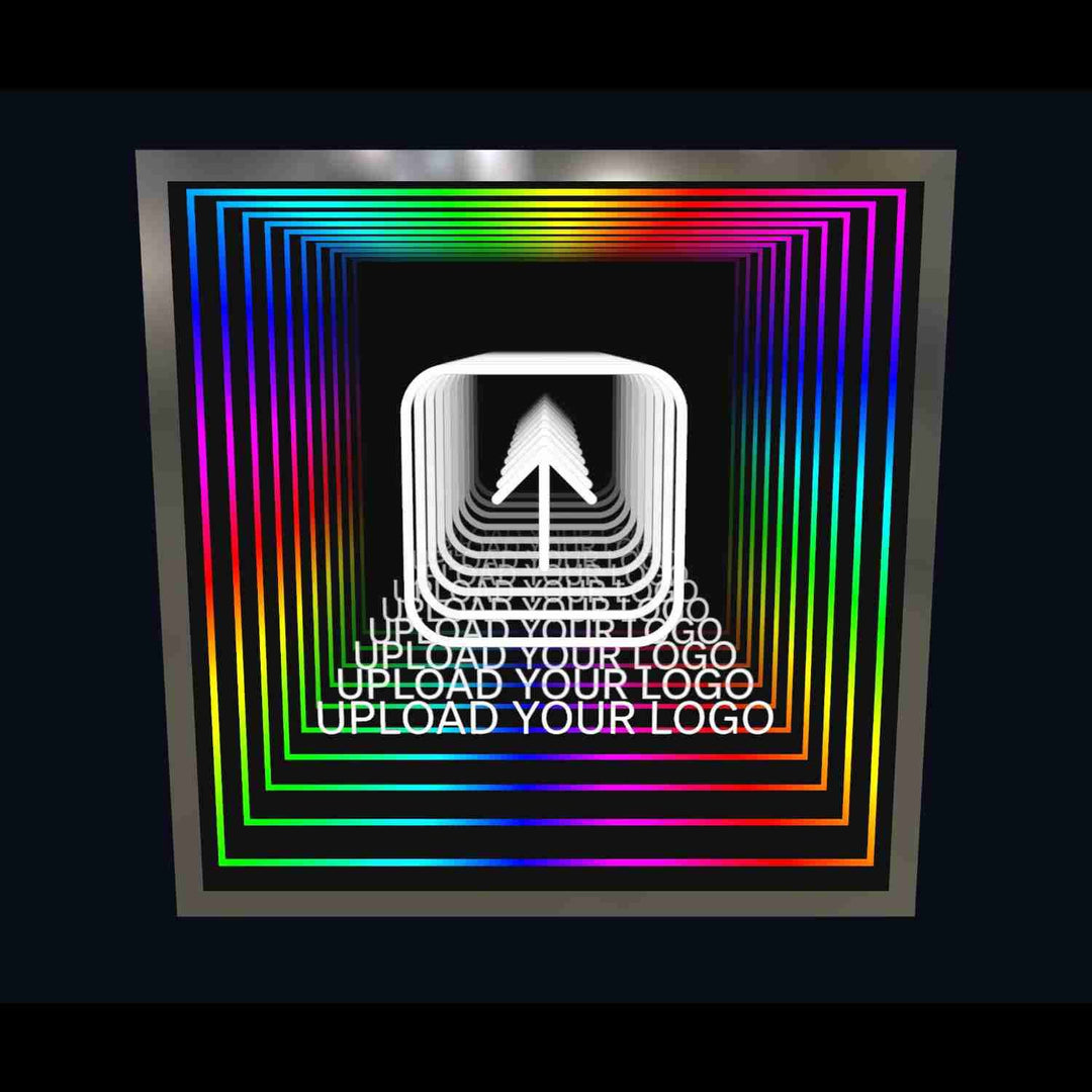 YOUR LOGO, IN INFINITY: Rainbow square frames with white upload icon and "UPLOAD YOUR LOGO" text in the center.