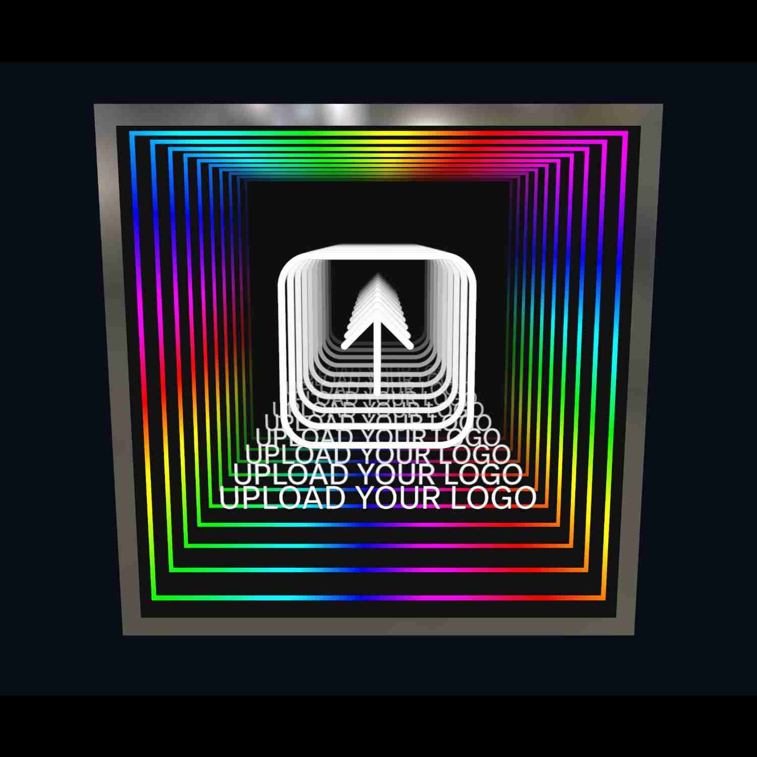 YOUR LOGO, IN INFINITY: Rainbow square frames with white upload icon and "UPLOAD YOUR LOGO" text in the center.