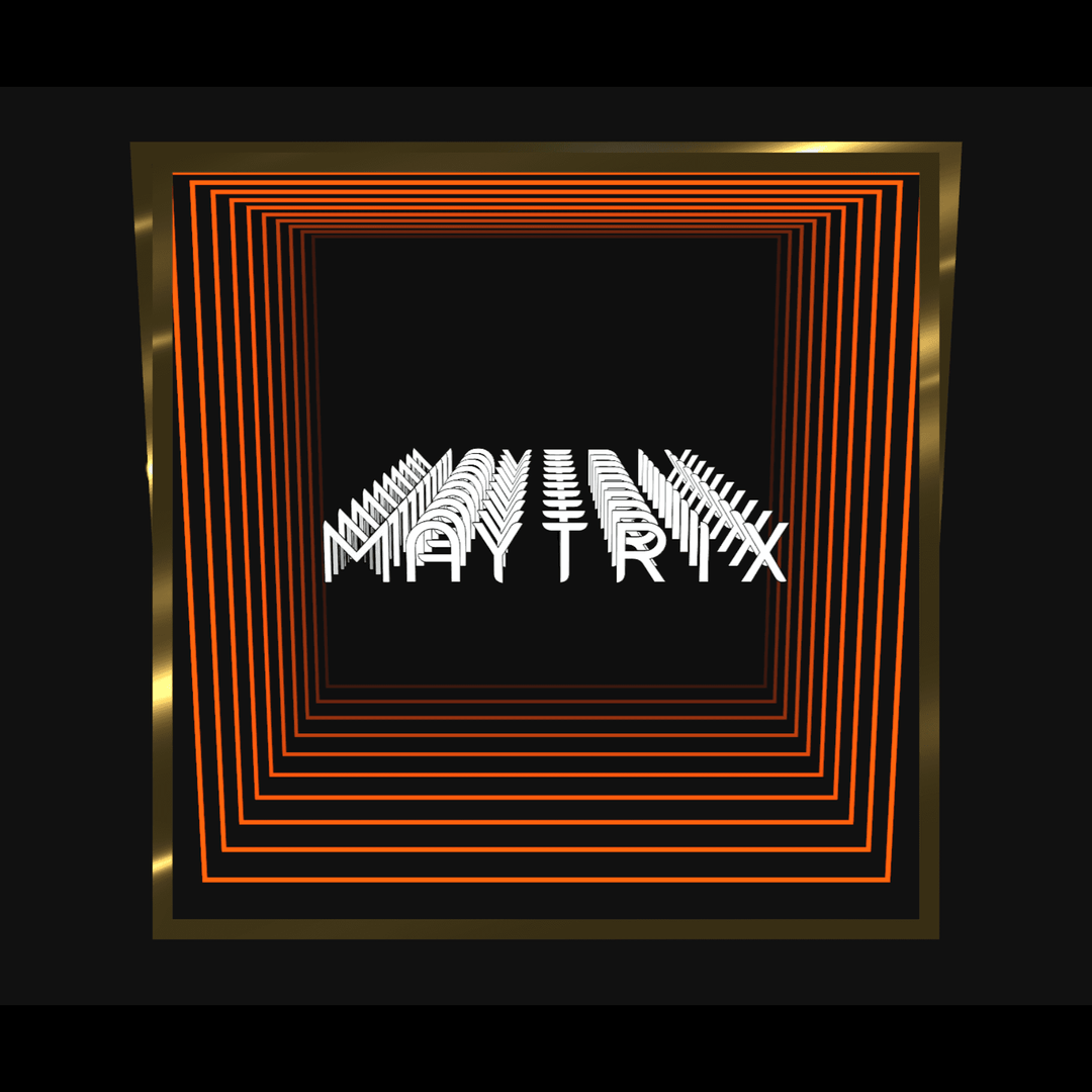 Design Your Custom Infinity Mirror: Neon orange 3D "MAYTRIX" with gold border, layered on a black background.