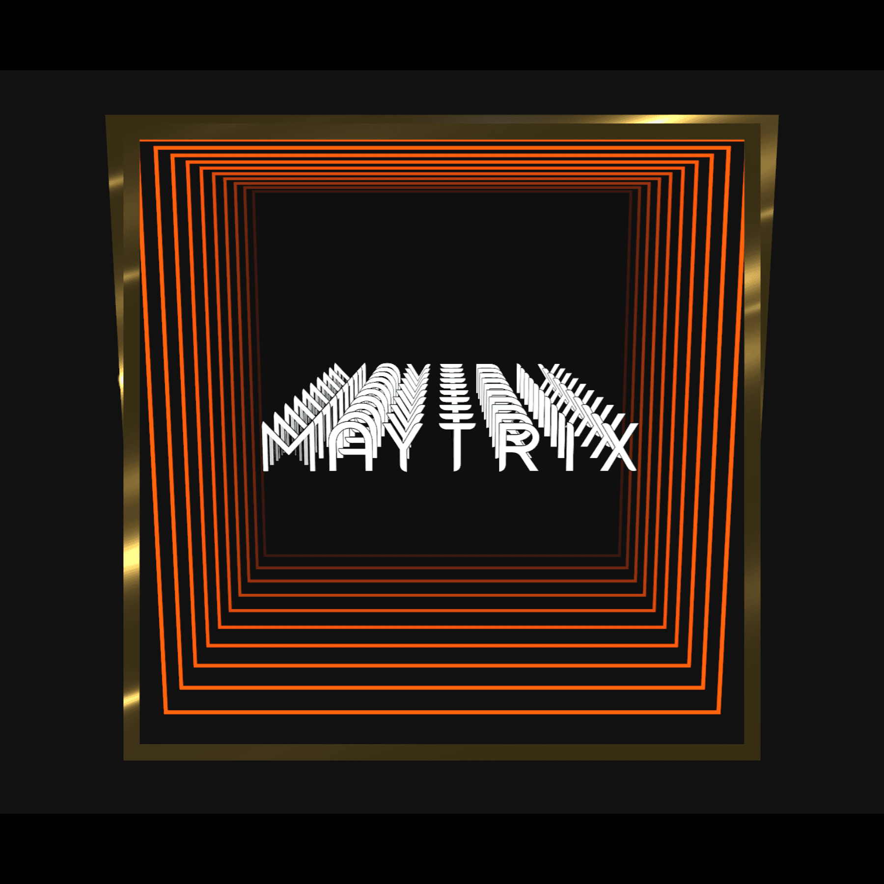 Design Your Custom Infinity Mirror: Neon orange 3D "MAYTRIX" with gold border, layered on a black background.