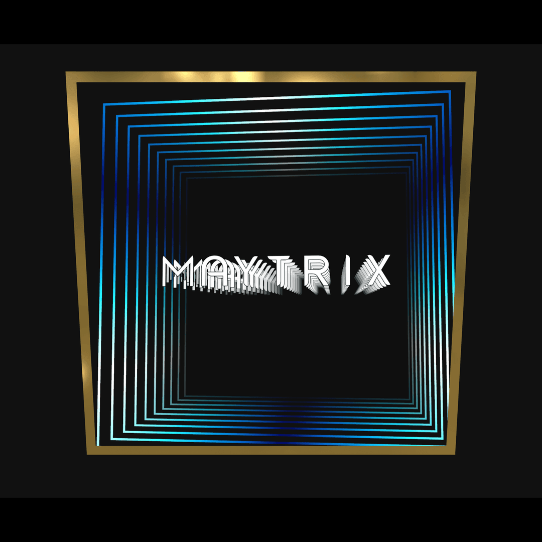 Design Your Custom Infinity Mirror, featuring a 3D glitch effect, blue layers, and a striking gold-banded border.