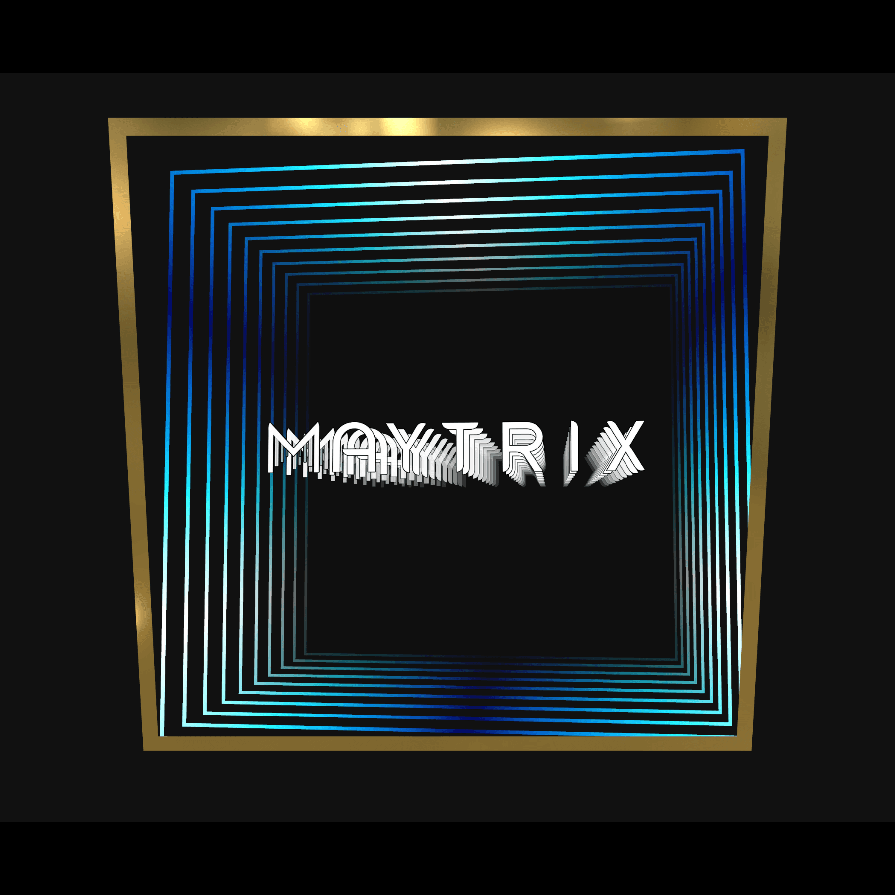 Design Your Custom Infinity Mirror, featuring a 3D glitch effect, blue layers, and a striking gold-banded border.