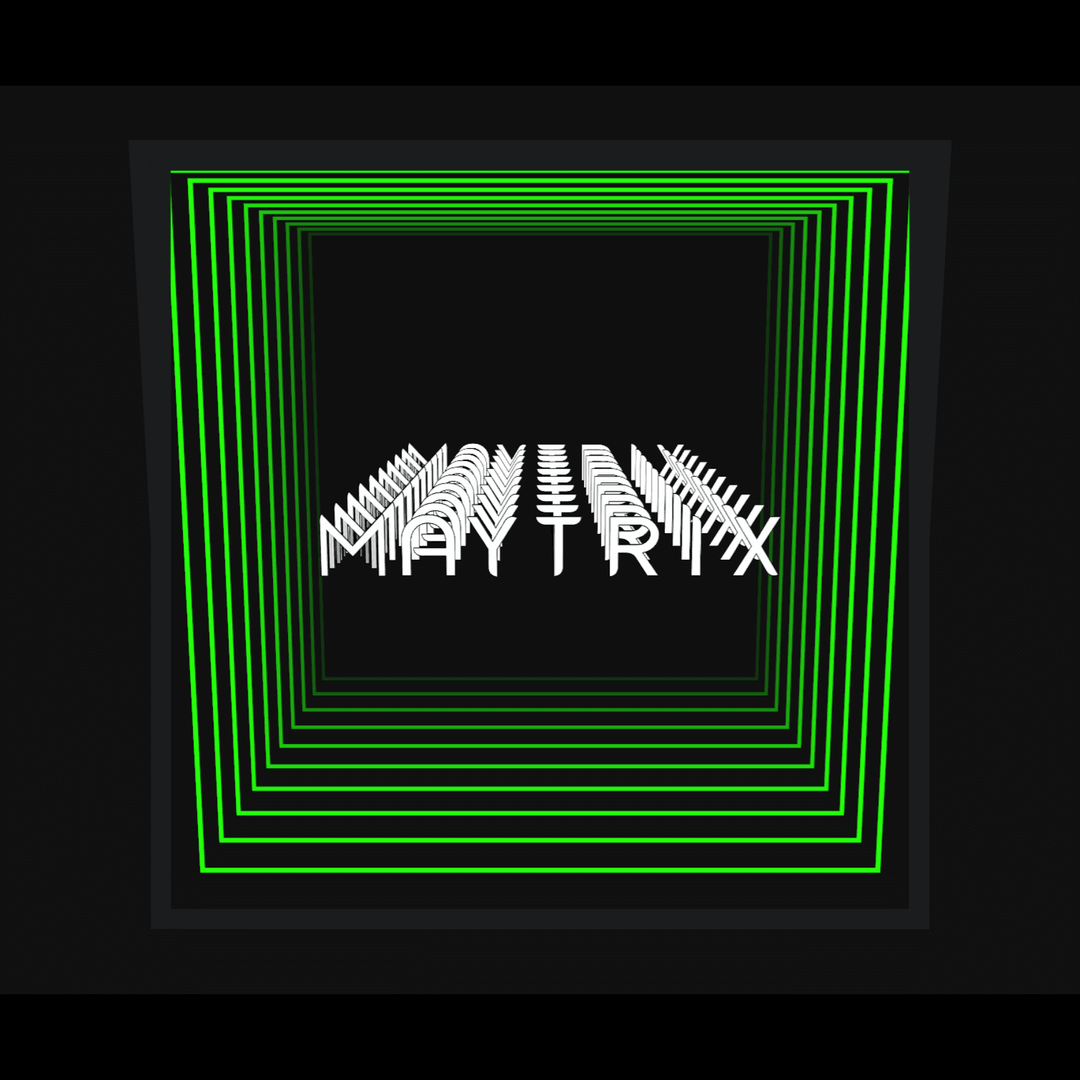 Design Your Custom Infinity Mirror: White 3D MATRIX text, black shadow, neon green frames on a black background.