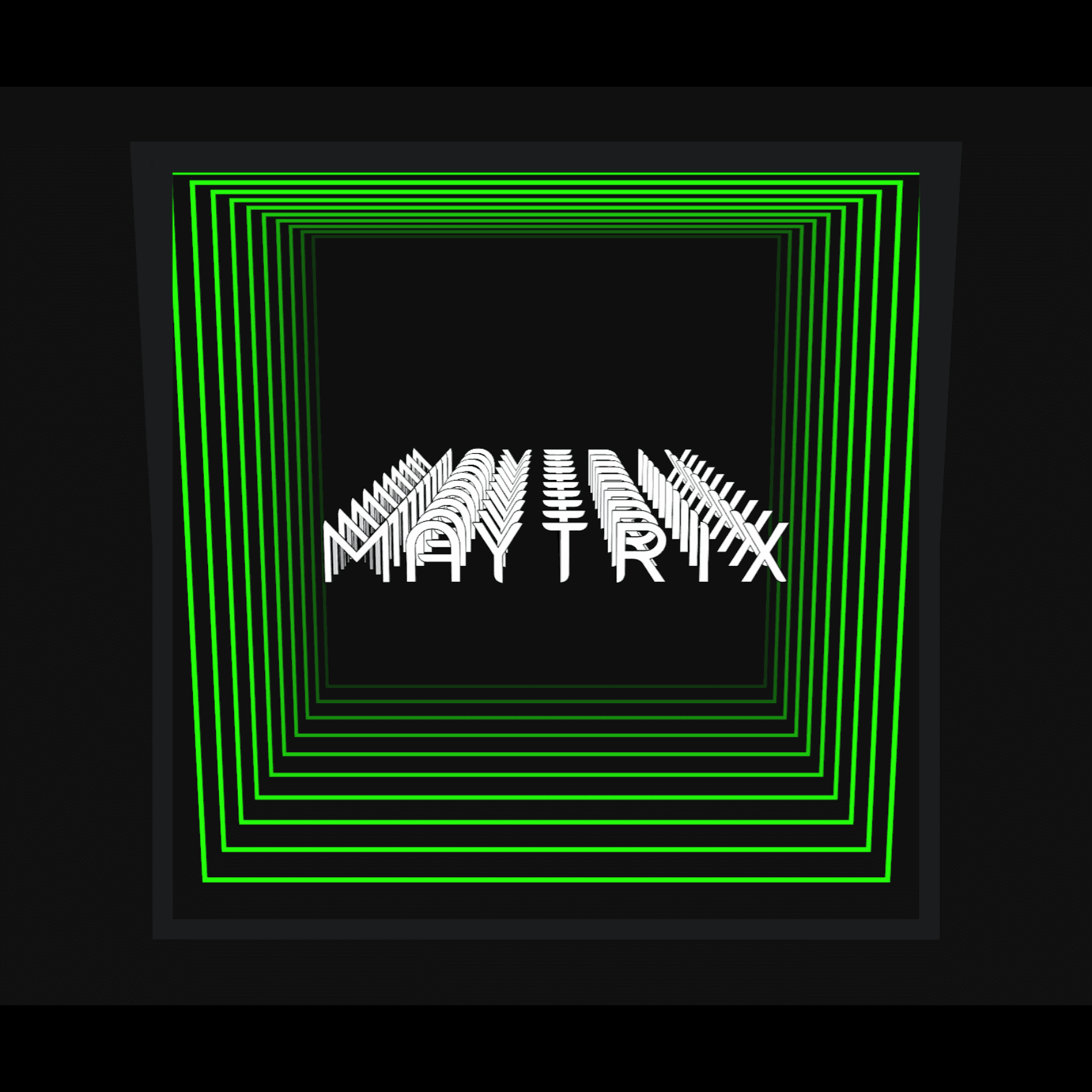 Design Your Custom Infinity Mirror: White 3D MATRIX text, black shadow, neon green frames on a black background.