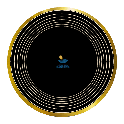 Design Your Custom Infinity Mirror: Black circle, gold rim, white lines, blue logo with yellow dot, infinity effect.