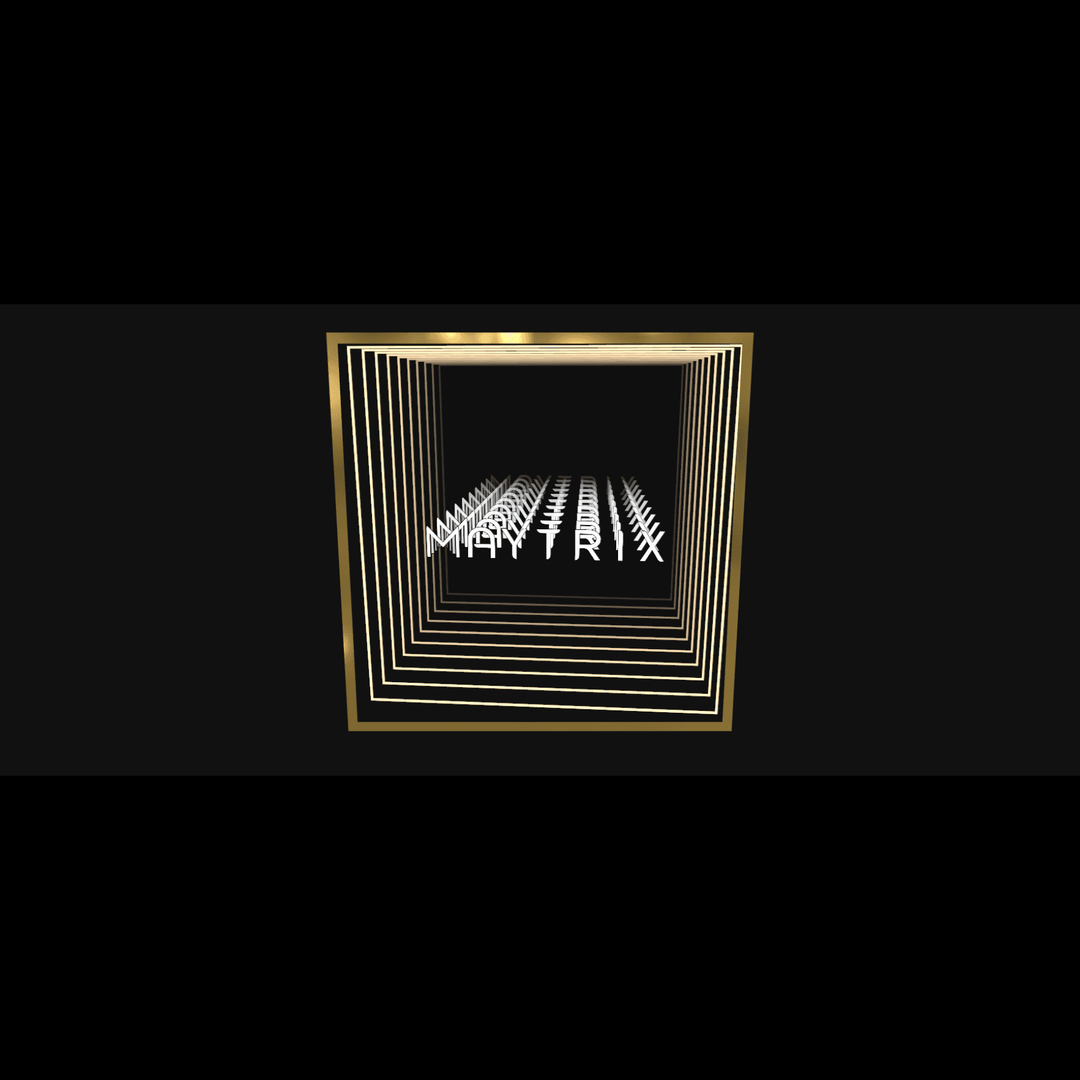 Design Your Custom Infinity Mirror: warm white neon squares recede with your logo repeated inside for a stunning effect.