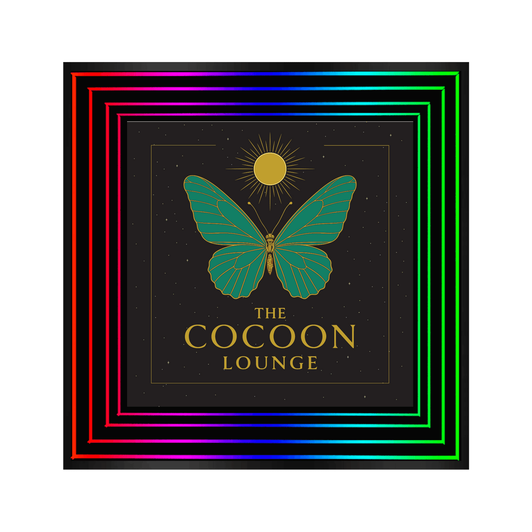 A green butterfly, gold sun, and Design Your Custom Infinity Mirror text framed by a neon rainbow square border.